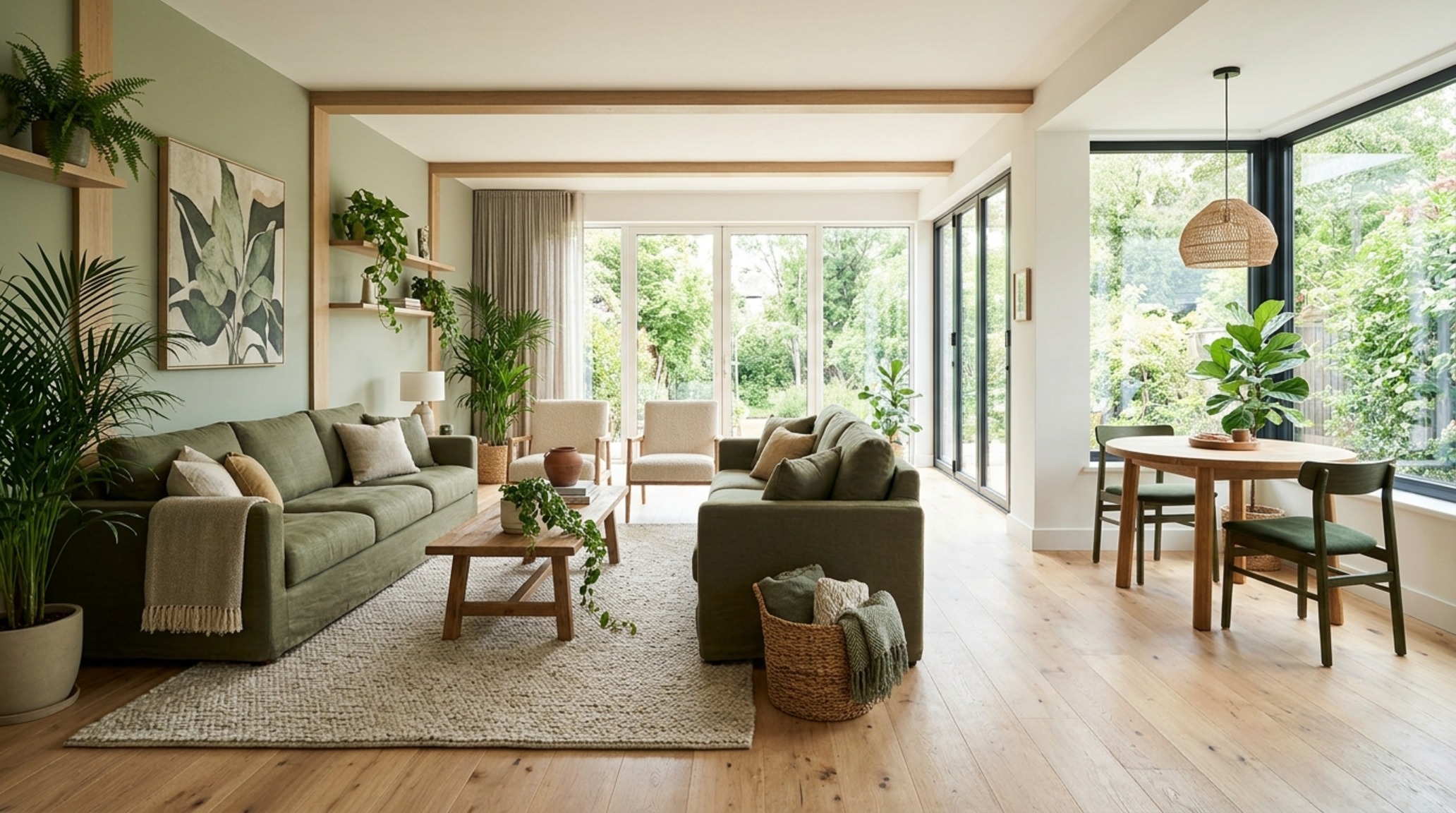 Rectangular living room ideas for creating a circular flow with a secondary café-style seating area near a natural light source.