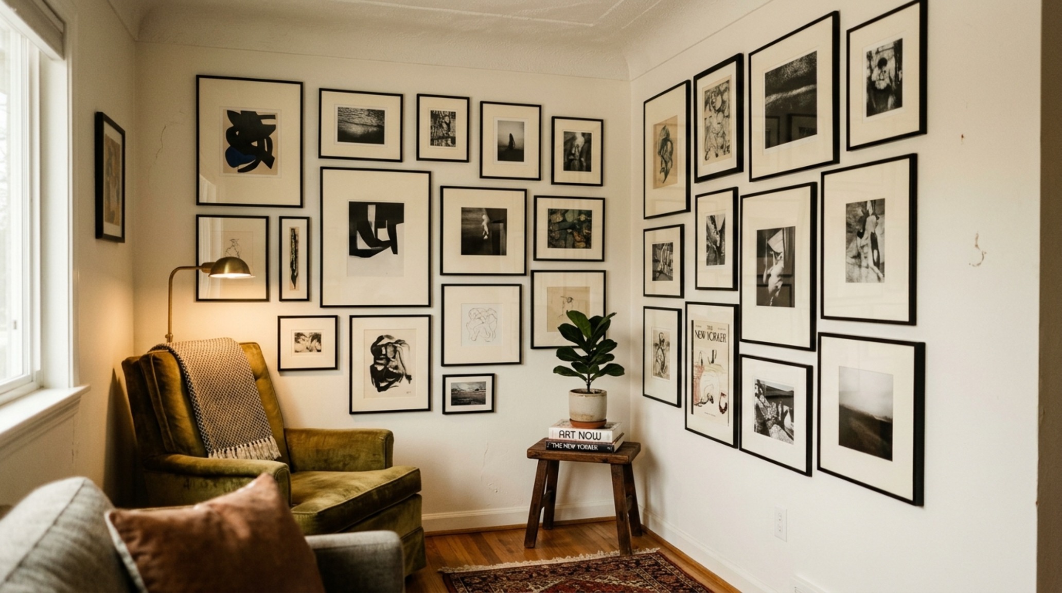 Awkward living room solutions for narrow corners featuring a tall, slender fiddle leaf fig and a sculptural floor lamp to soften boundaries.