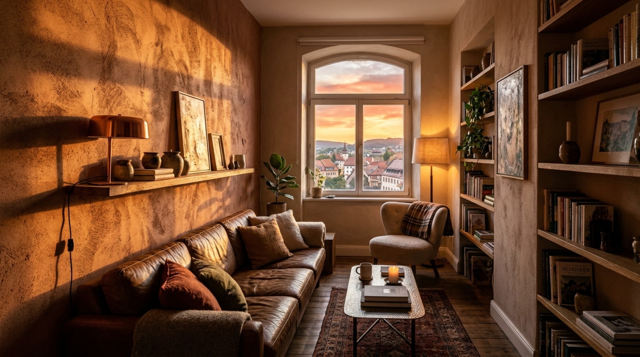 Narrow living room design ideas highlighting the play of sunset shadows across a lime-washed wall with 3000K accent task lighting.