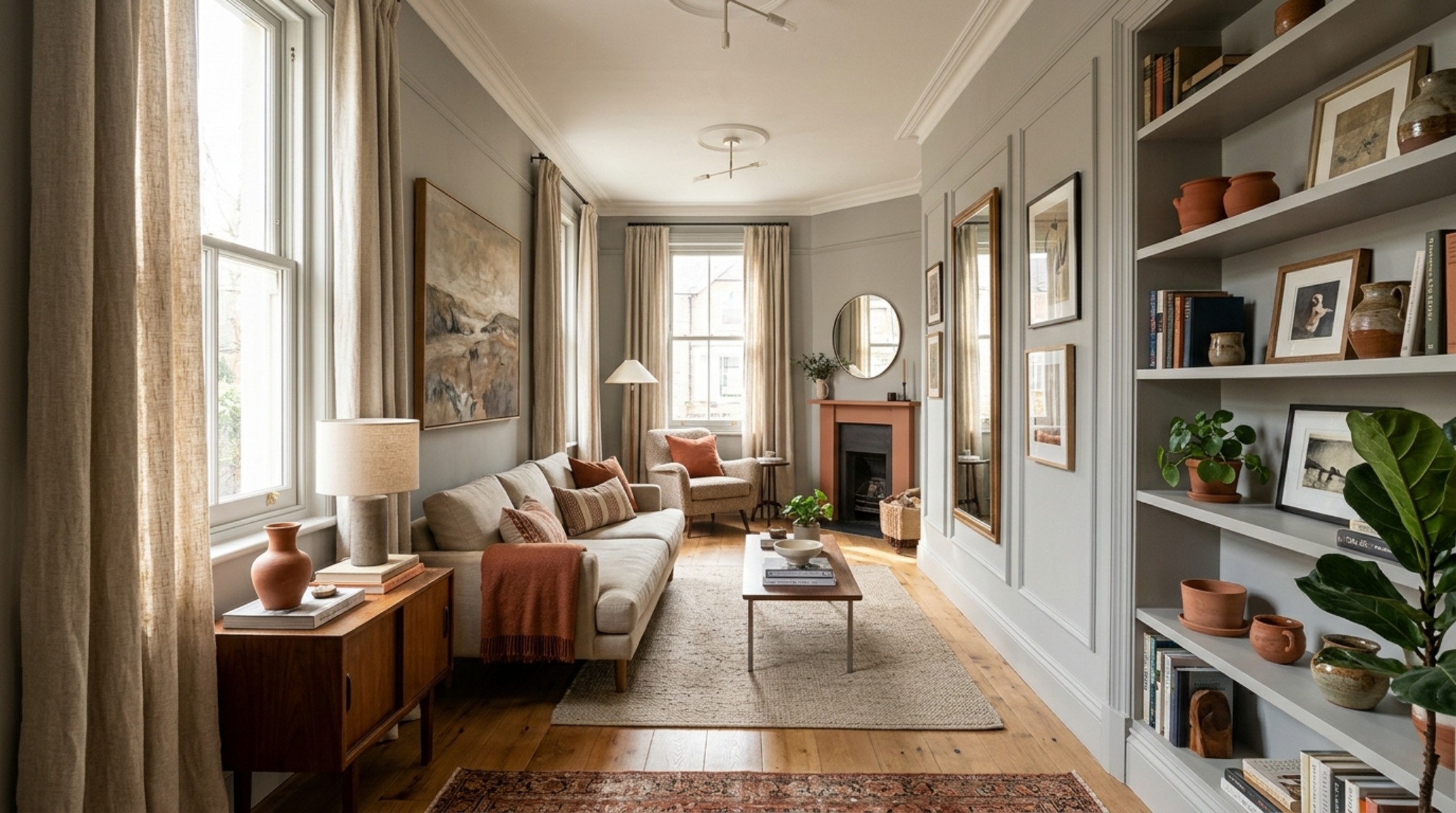 Narrow living room design ideas featuring a warm earthy palette of Farrow & Ball French Gray and light-filtering linen drapes.