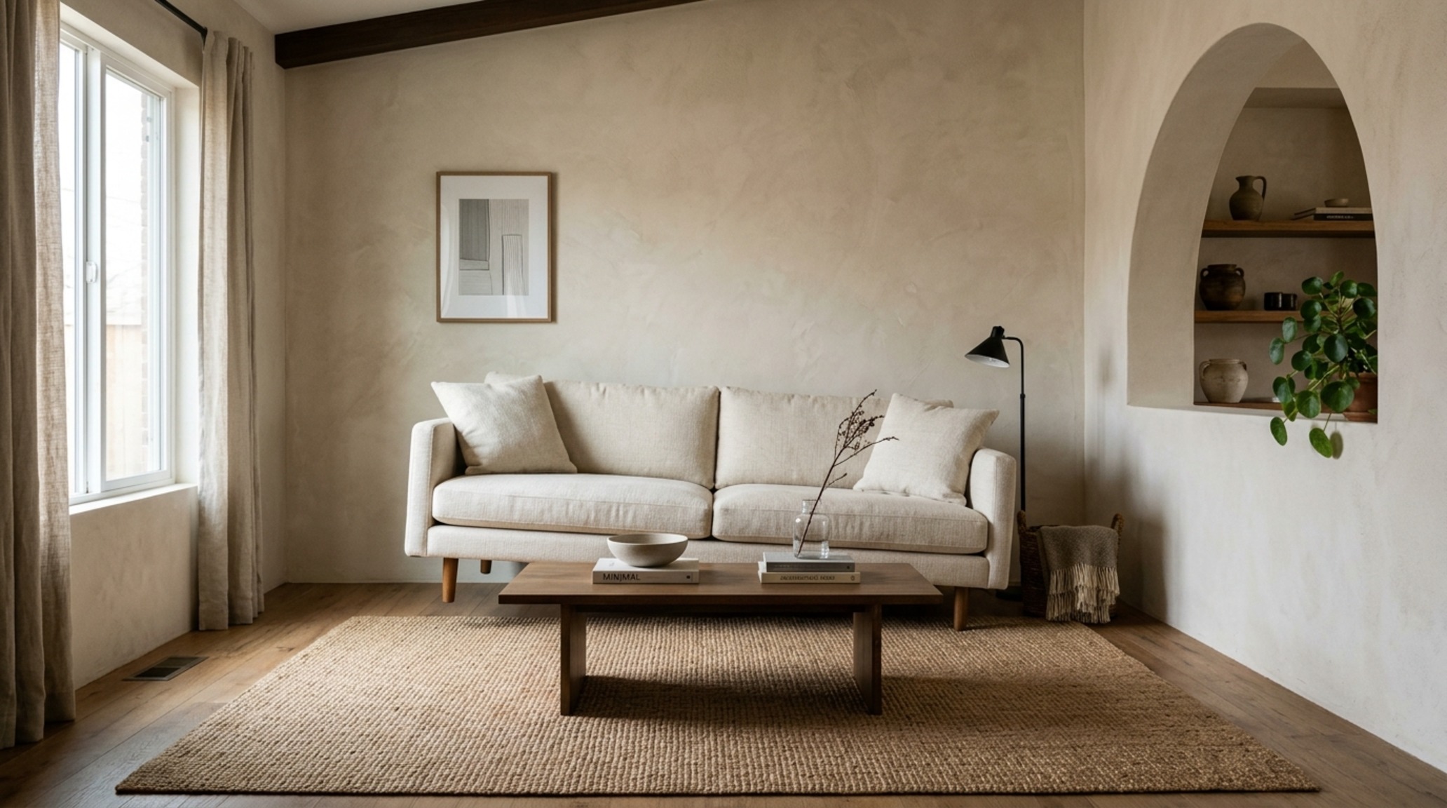 Floating sofa layout in a slender apartment using a low-profile linen couch positioned 12 inches from the wall for negative space.