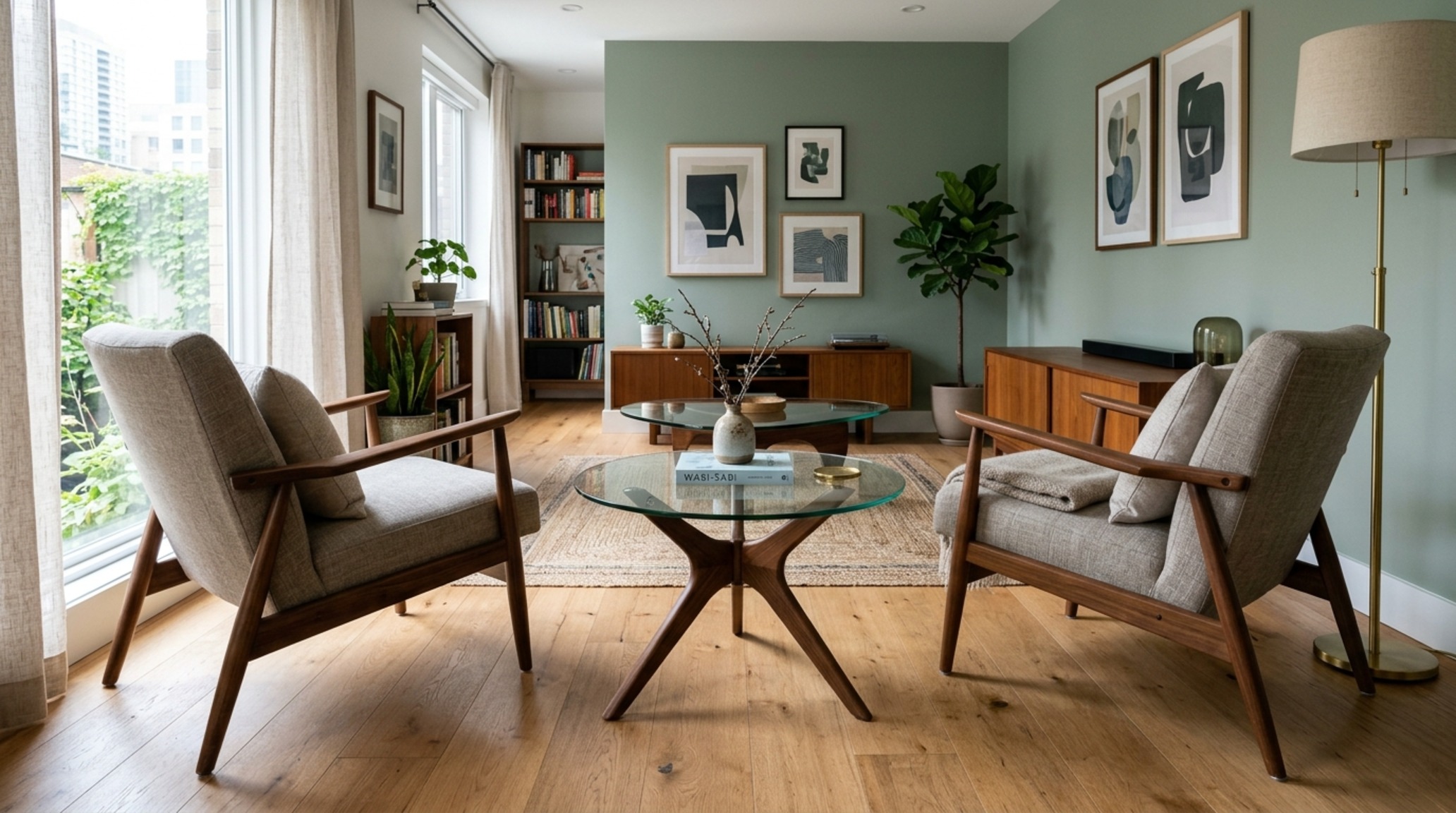 Narrow living room furniture arrangement featuring leggy mid-century armchairs and a glass nesting table to maximize visible floor plane.