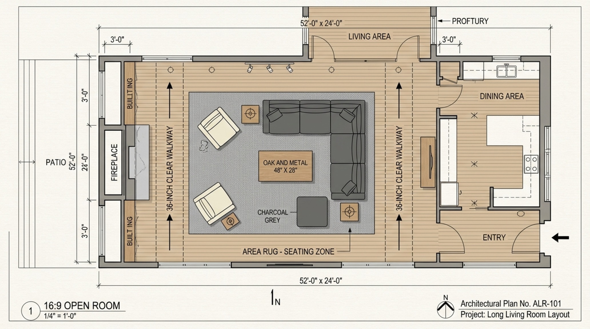 Zoning long living rooms using a large-scale jute rug to define a central seating area within a narrow rectangular layout.