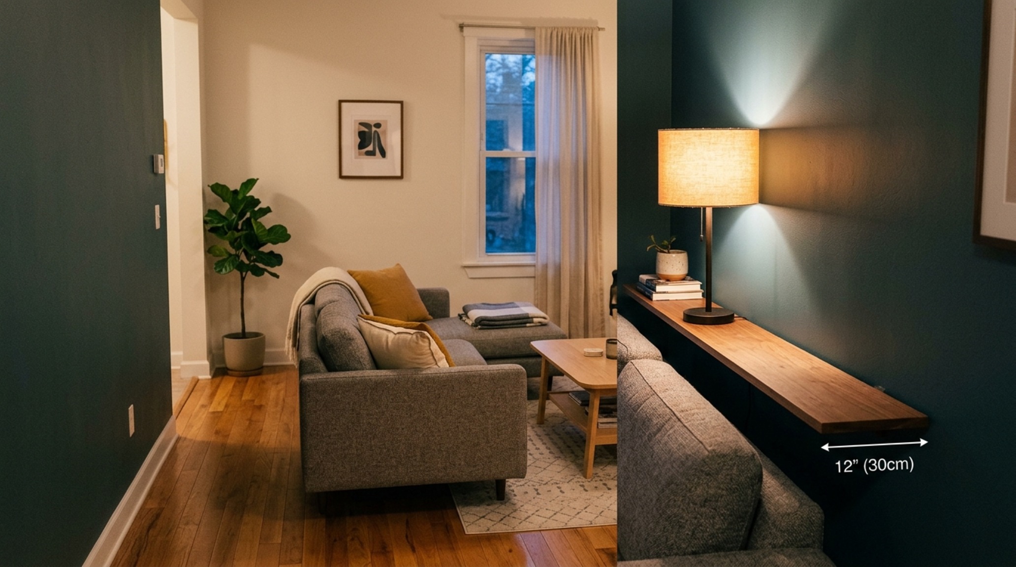 Floating sofa layout with a view of the 36-inch circulation path and a slim console table placed behind the seating for added depth.