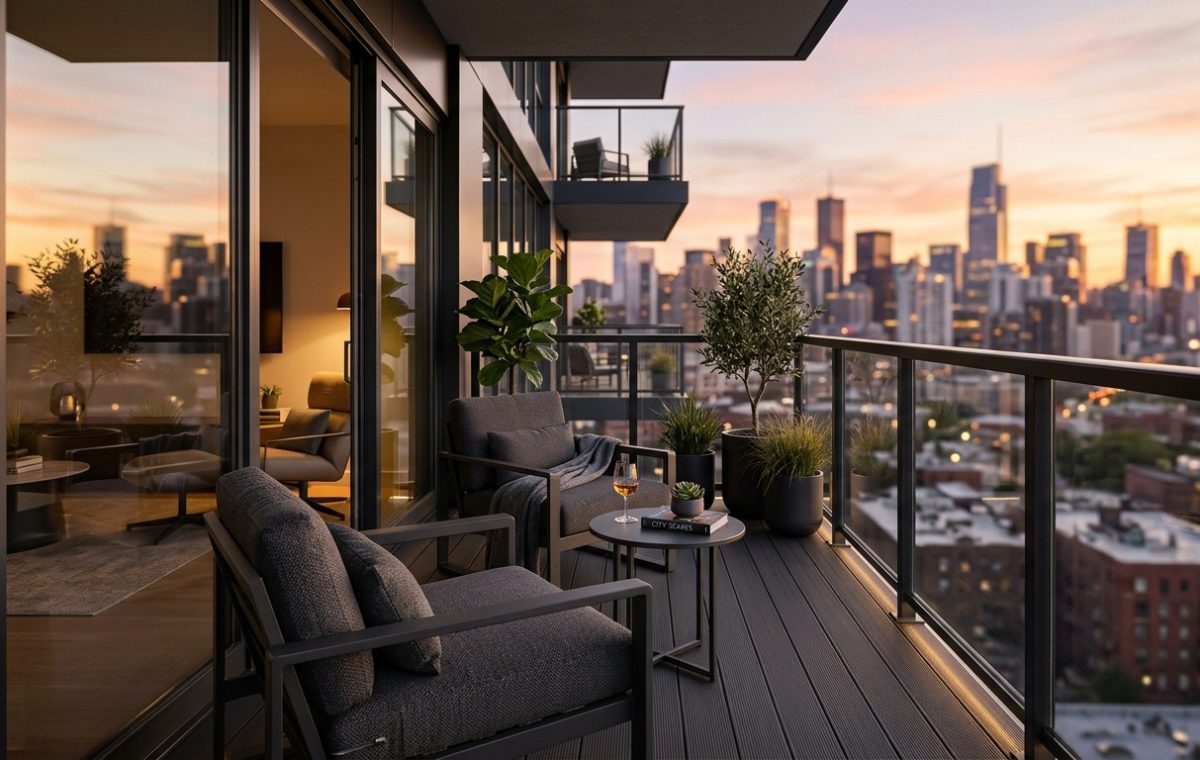 A wide-angle hero shot of a small apartment balcony with Walmart Architectural Lines furniture, showing how low-profile silhouettes and 36-inch clearances maximize the perception of square footage.