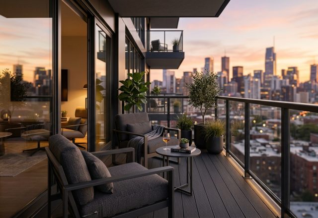 A wide-angle hero shot of a small apartment balcony with Walmart Architectural Lines furniture, showing how low-profile silhouettes and 36-inch clearances maximize the perception of square footage.