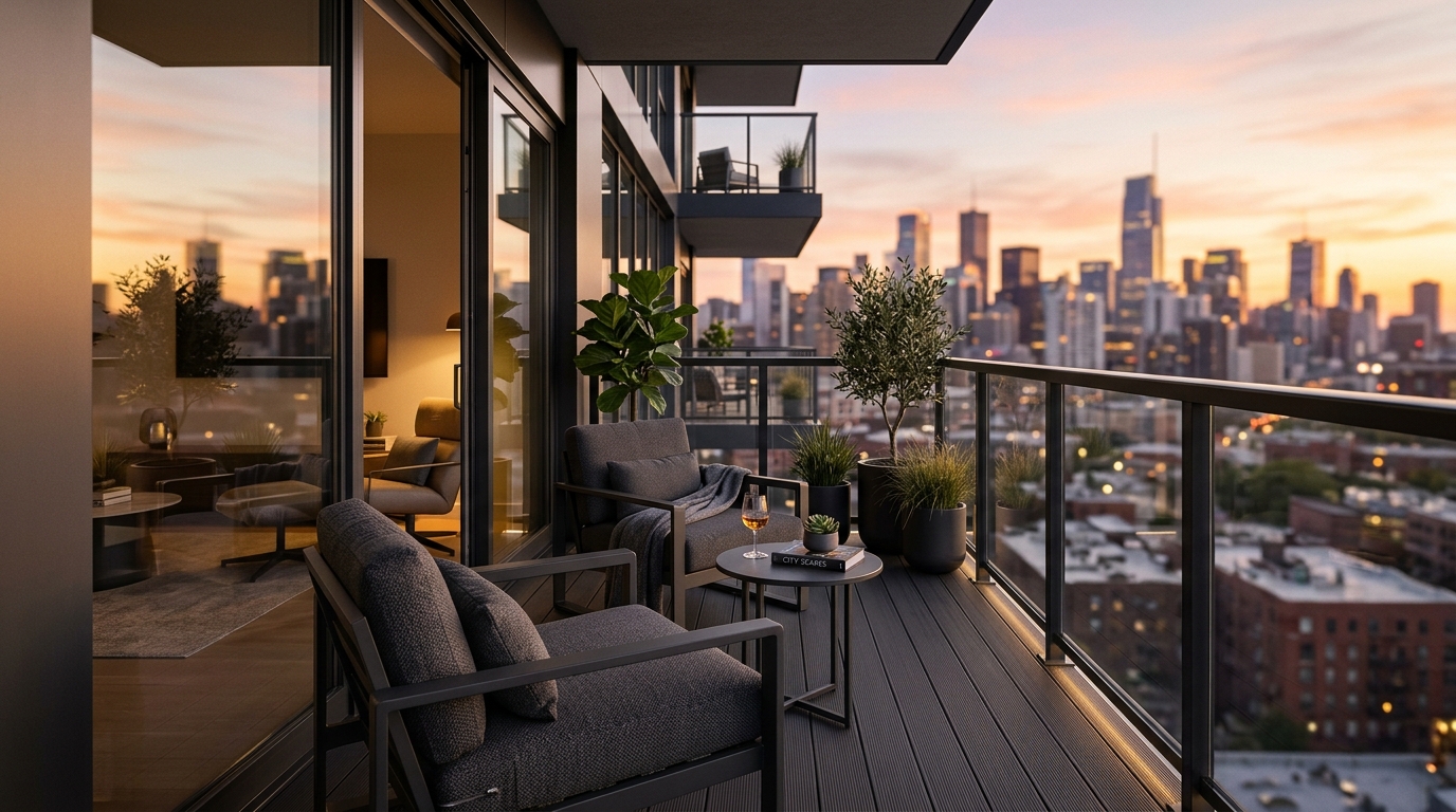 A wide-angle hero shot of a small apartment balcony with Walmart Architectural Lines furniture, showing how low-profile silhouettes and 36-inch clearances maximize the perception of square footage. A wide-angle hero shot of a small apartment balcony with Walmart Architectural Lines furniture, showing how low-profile silhouettes and 36-inch clearances maximize the perception of square footage.