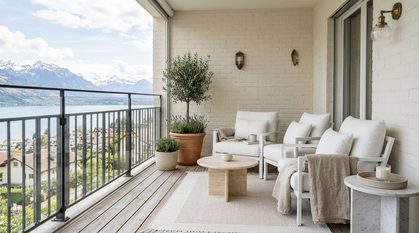 A monochromatic balcony design featuring Benjamin Moore Swiss Coffee walls and matching cream-colored outdoor furniture for a seamless architectural look. A monochromatic balcony design featuring Benjamin Moore Swiss Coffee walls and matching cream-colored outdoor furniture for a seamless architectural look.