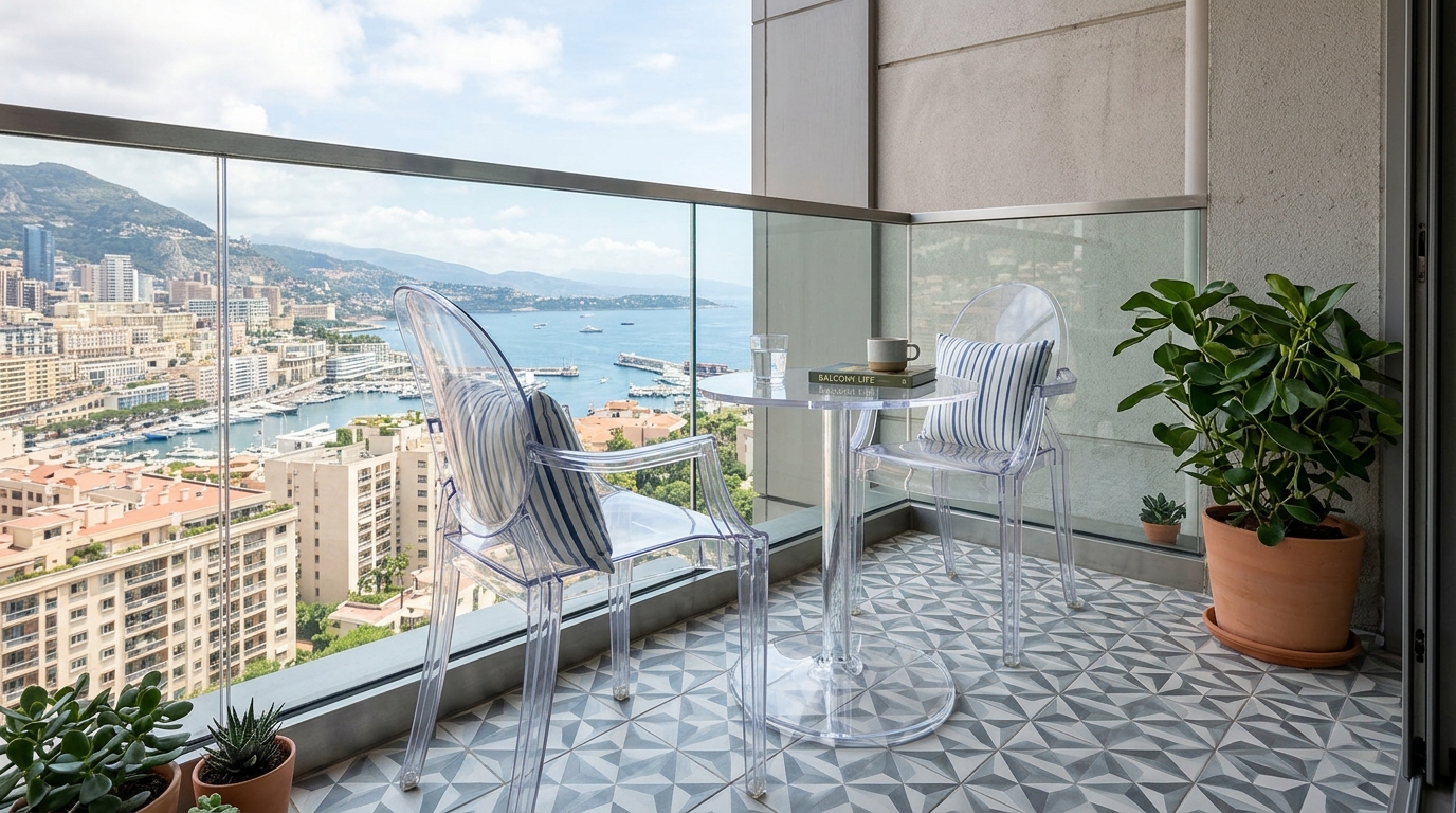 Strategic use of acrylic 'ghost' chairs on a small terrace to maintain floor visibility and an open-concept architectural feel. Strategic use of acrylic 'ghost' chairs on a small terrace to maintain floor visibility and an open-concept architectural feel.