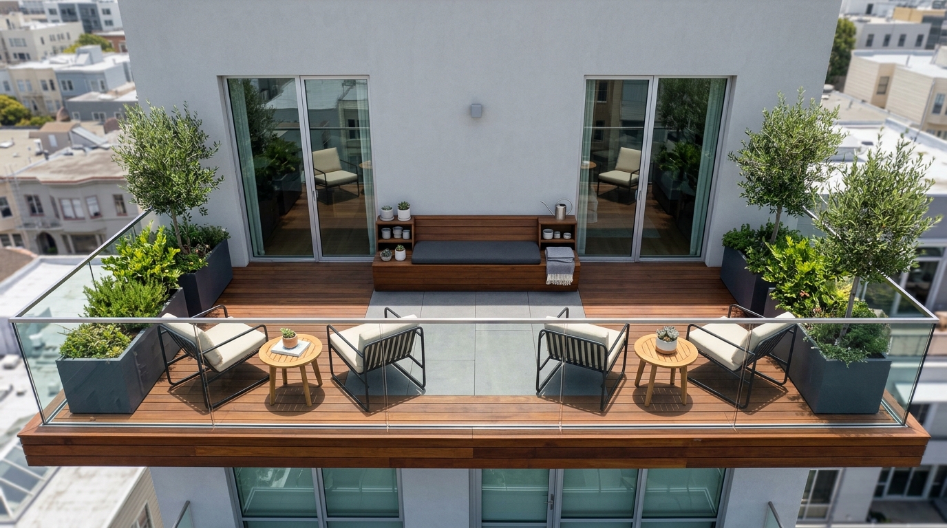 Overhead perspective of a small balcony showing a clear 36-inch primary circulation path and clever furniture scaling. Overhead perspective of a small balcony showing a clear 36-inch primary circulation path and clever furniture scaling.