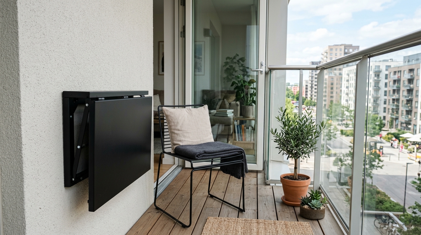 A small balcony dining nook with a wall-mounted drop-leaf table, demonstrating extreme spatial efficiency for narrow urban porches. A small balcony dining nook with a wall-mounted drop-leaf table, demonstrating extreme spatial efficiency for narrow urban porches.