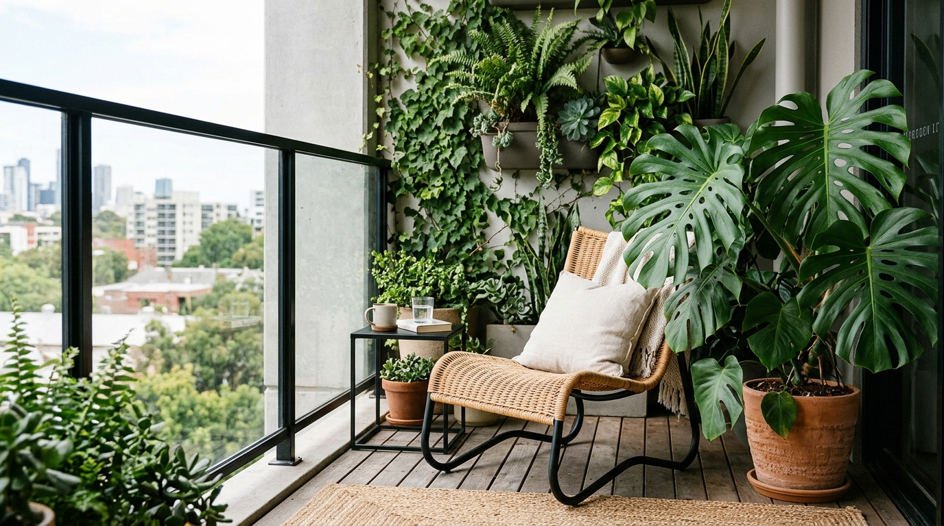 Lush biophilic balcony setup with large-leaf tropical plants and low-profile seating that bridges the gap between indoor and outdoor living. Lush biophilic balcony setup with large-leaf tropical plants and low-profile seating that bridges the gap between indoor and outdoor living.