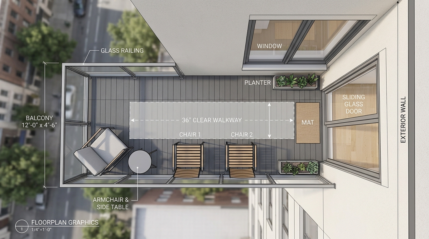 Architectural layout of a 40-square-foot balcony featuring a diagonal seating arrangement and open-weave furniture to enhance visual sightlines and spatial flow. Architectural layout of a 40-square-foot balcony featuring a diagonal seating arrangement and open-weave furniture to enhance visual sightlines and spatial flow.