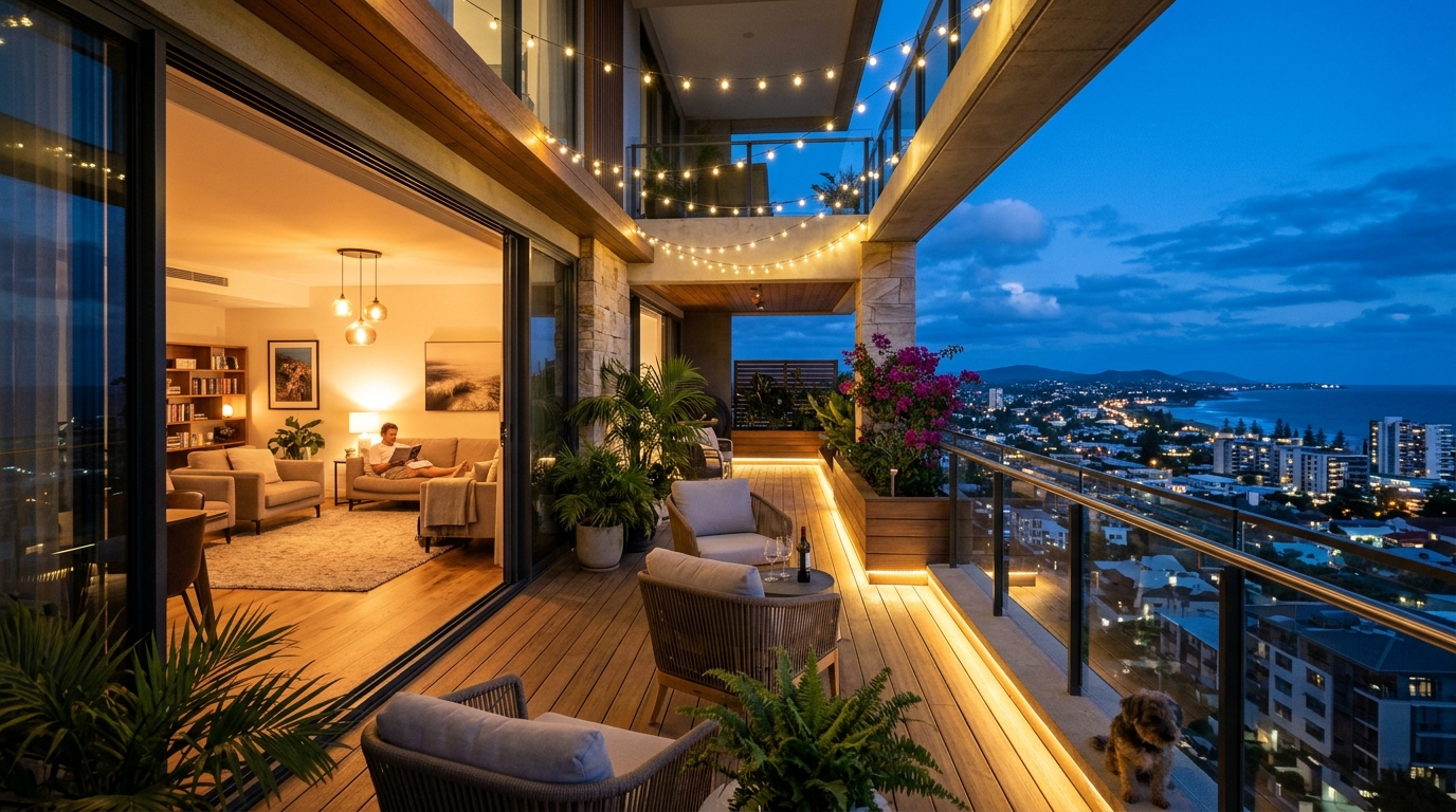 A forward-looking architectural reflection of an urban balcony at dusk, featuring a perfect balance of negative space and warm, directional lighting. A forward-looking architectural reflection of an urban balcony at dusk, featuring a perfect balance of negative space and warm, directional lighting.