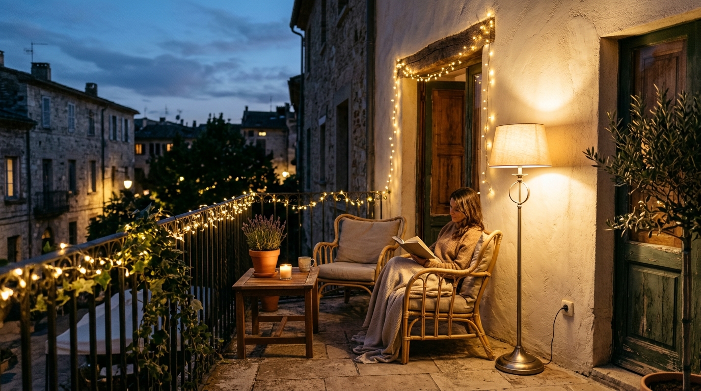 Atmospheric night view of a small balcony illuminated by 2700K warm LED string lights, showcasing how soft lighting eliminates shadows to expand the perceived volume. Atmospheric night view of a small balcony illuminated by 2700K warm LED string lights, showcasing how soft lighting eliminates shadows to expand the perceived volume.