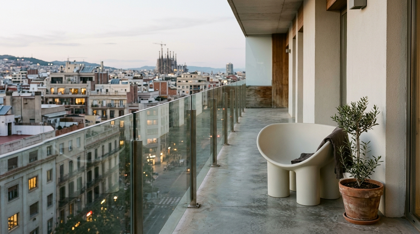 A curated corner of an urban balcony with a single sculptural lounge chair and a honed travertine side table, demonstrating the power of asymmetrical placement. A curated corner of an urban balcony with a single sculptural lounge chair and a honed travertine side table, demonstrating the power of asymmetrical placement.