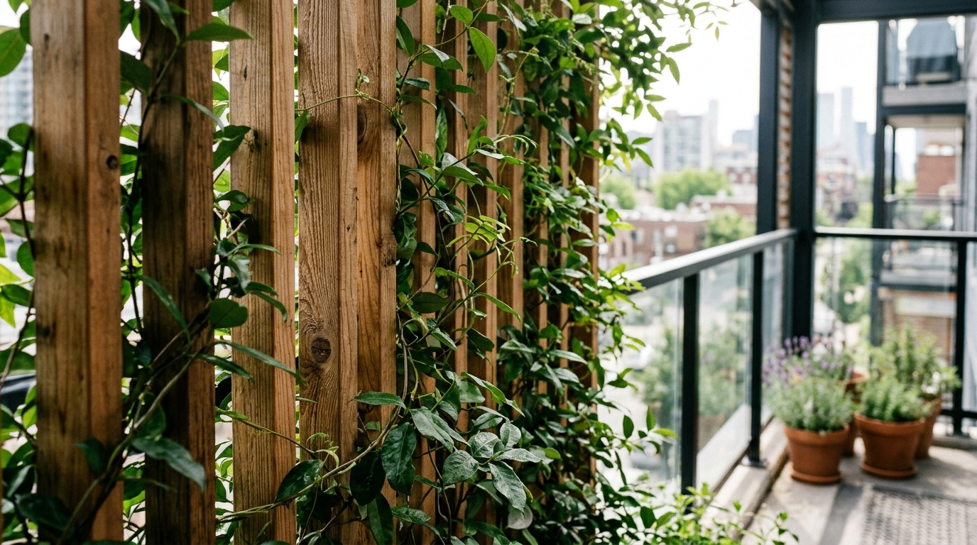 Vertical garden privacy screen with slatted cedar and climbing jasmine, showcasing biophilic balcony layout techniques for rental spaces. Vertical garden privacy screen with slatted cedar and climbing jasmine, showcasing biophilic balcony layout techniques for rental spaces.