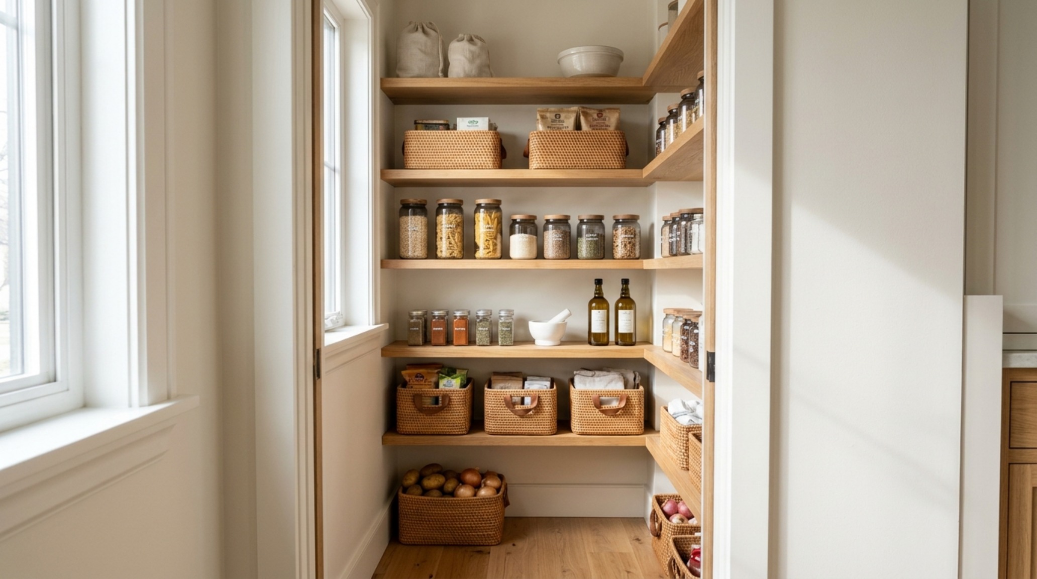 Symmetry and warmth in a small pantry featuring Farrow and Ball Shaded White walls and white oak shelving with small pantry organization ideas applied.