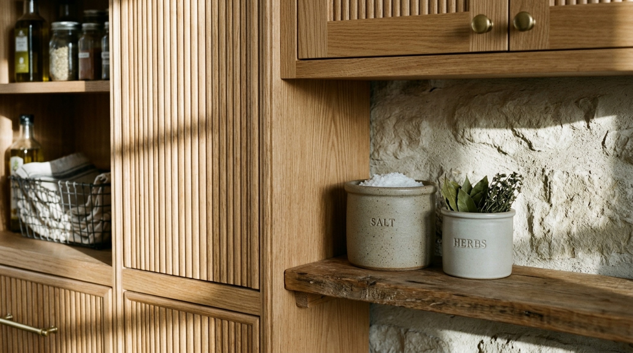 A pantry corner showcasing the intersection of honed travertine backsplashes and fluted white oak pantry shelving ideas.