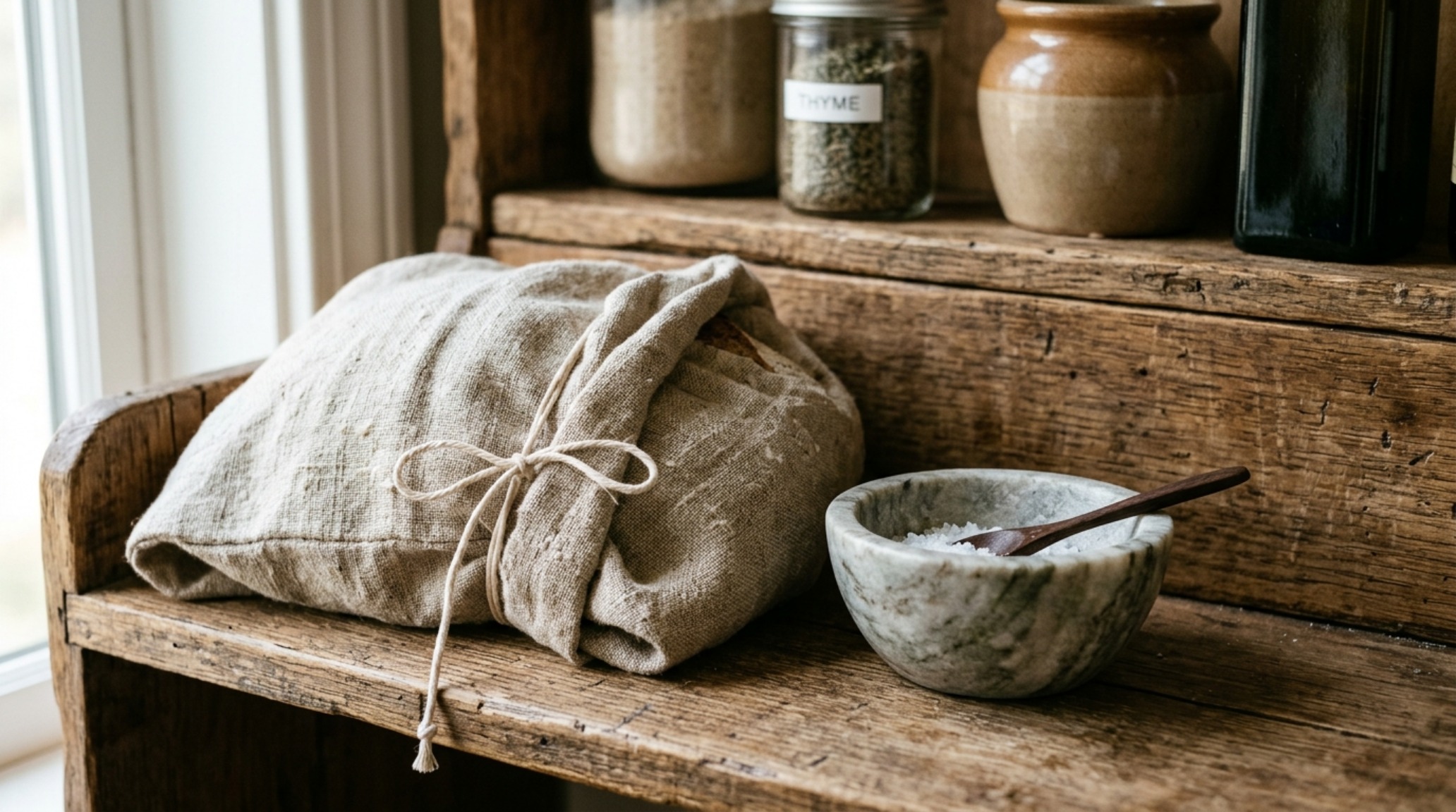 Tactile kitchen pantry details including a small marble mortar and pestle sitting alongside organic linen bread bags.