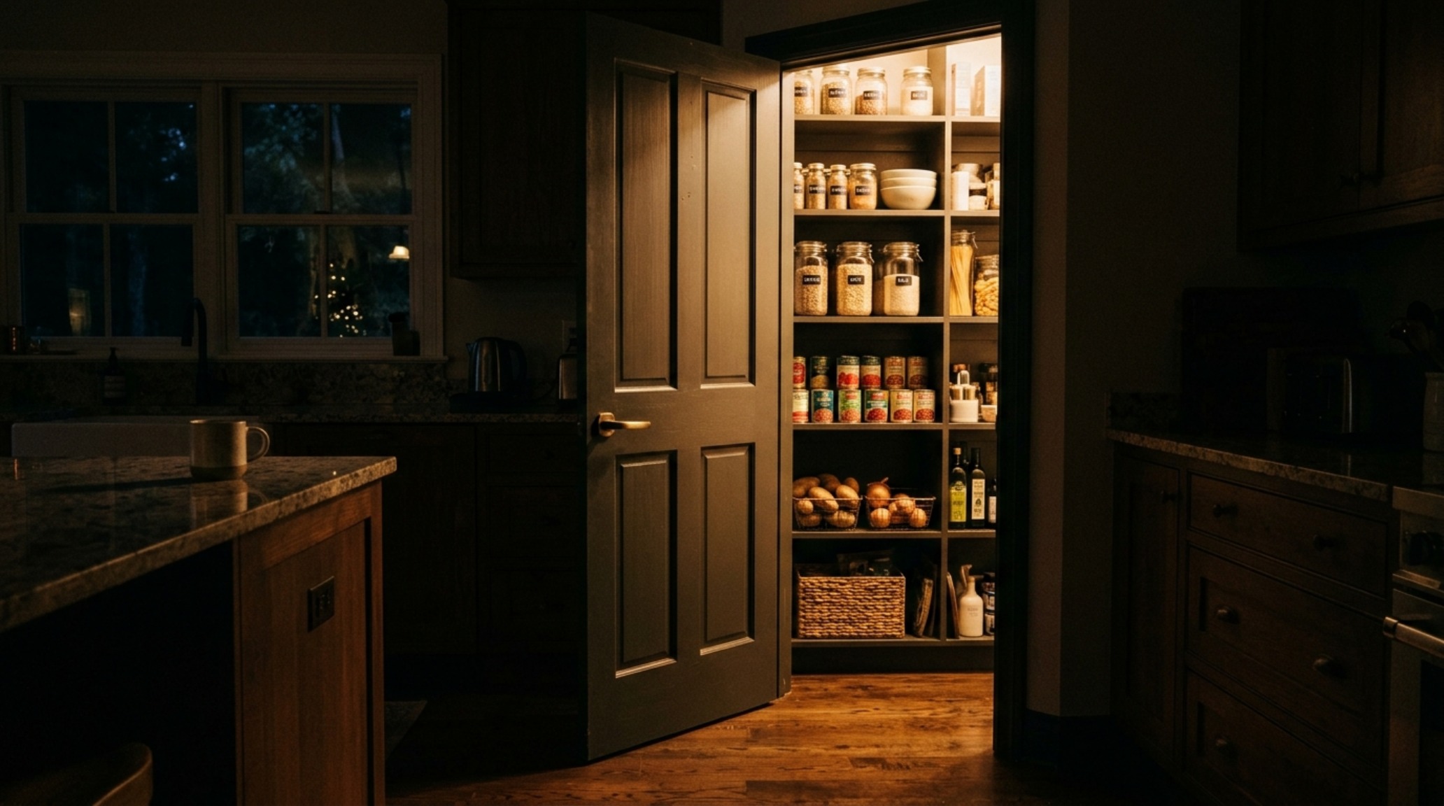 Evening view of a pantry with soft ambient lighting, showcasing the atmospheric 'Quiet Luxury' of small pantry organization ideas.
