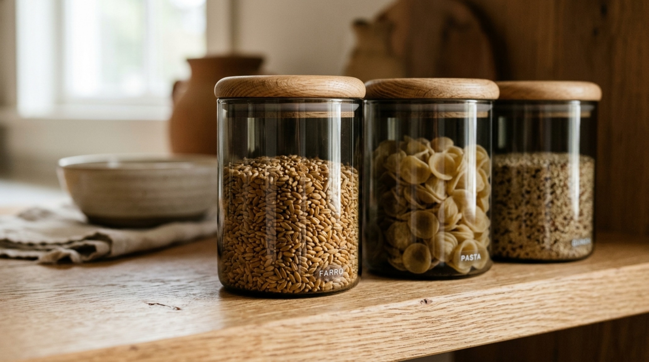 Close-up of smoked glass food storage containers with white oak lids arranged on a thick timber shelf with precise spacing.