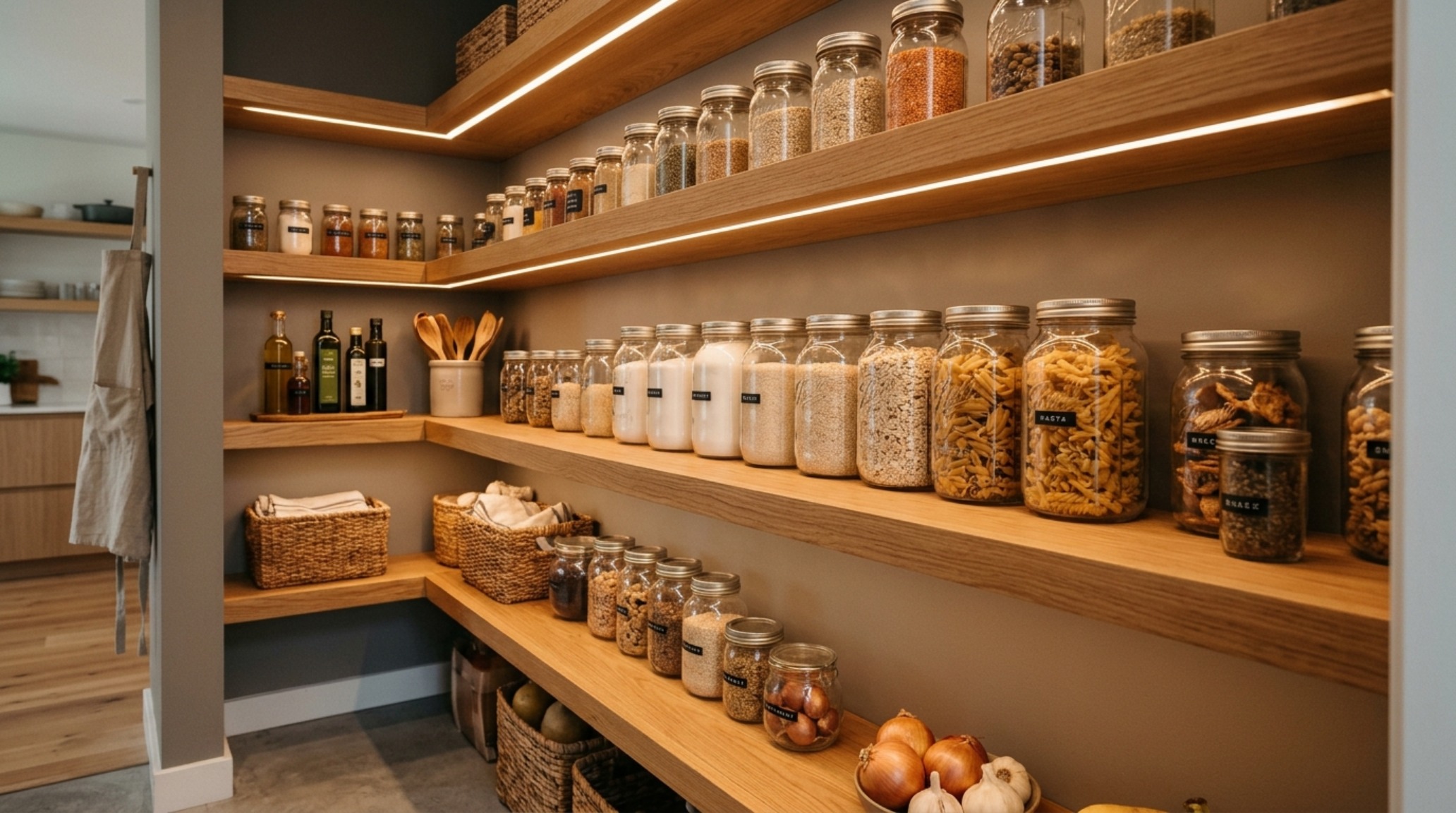 Warm 2700K LED strip lighting integrated into white oak pantry shelving, creating a soft glow and highlighting food storage containers.