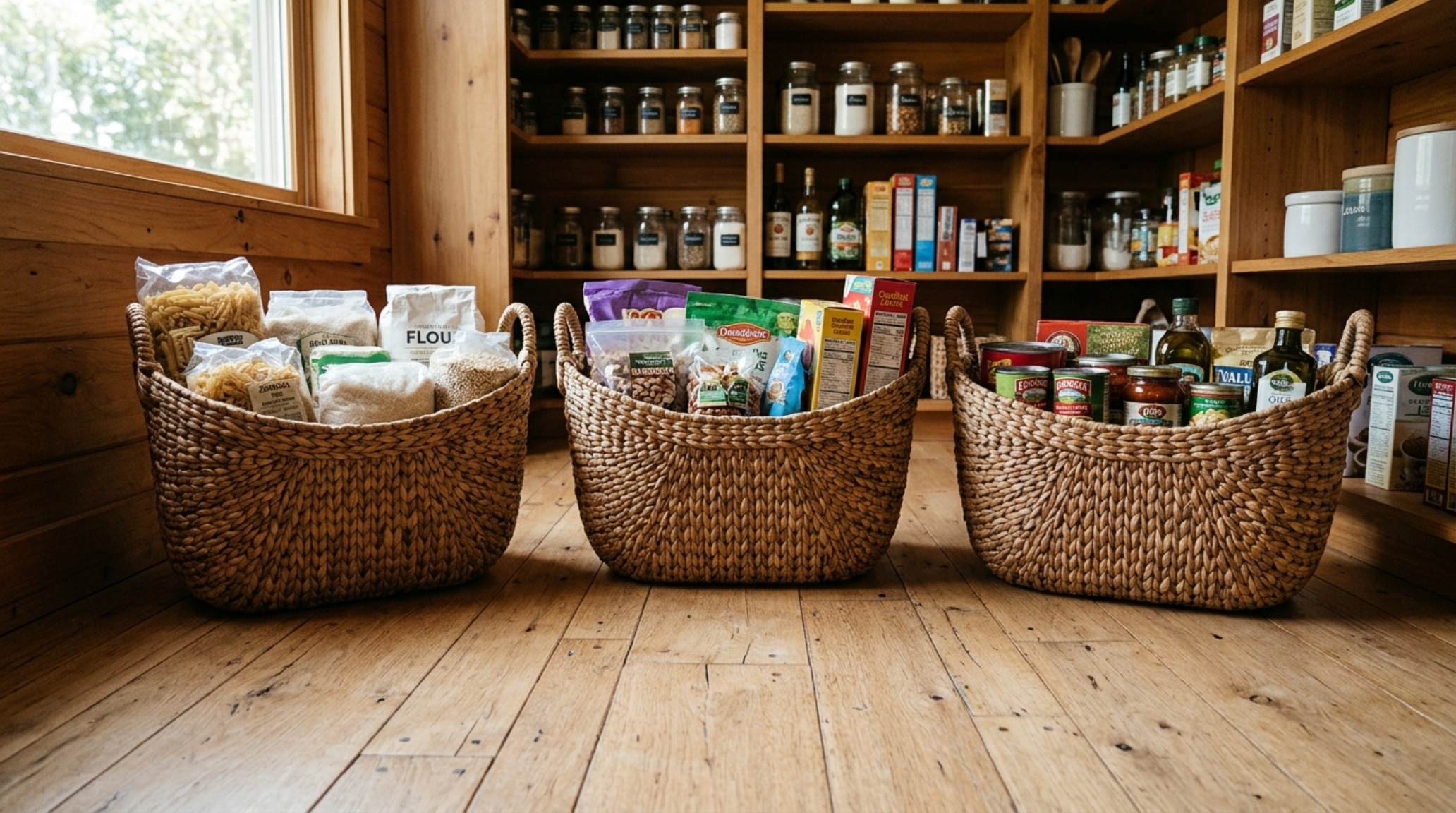 Floor-level storage featuring oversized woven water hyacinth baskets for bulk goods under white oak pantry storage systems.