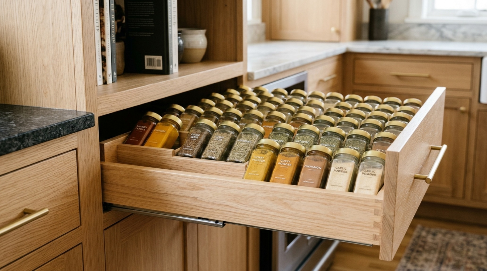 Sophisticated pull out pantry shelving solutions in a narrow kitchen cabinet featuring brushed brass hardware and organized spices.
