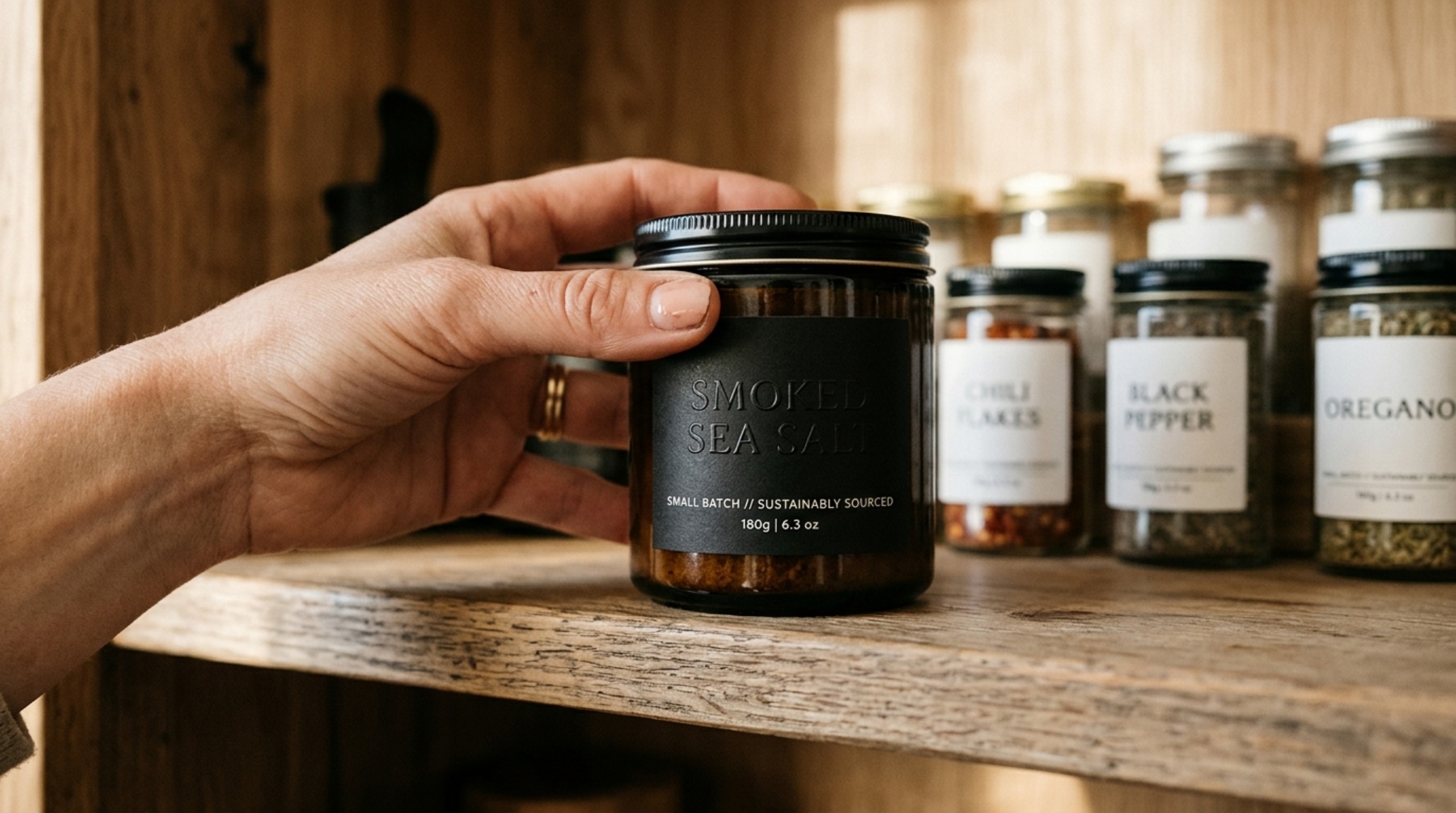 Aesthetic pantry labeling systems with minimalist black embossed tape on smoked glass jars for refined kitchen cabinet organization.