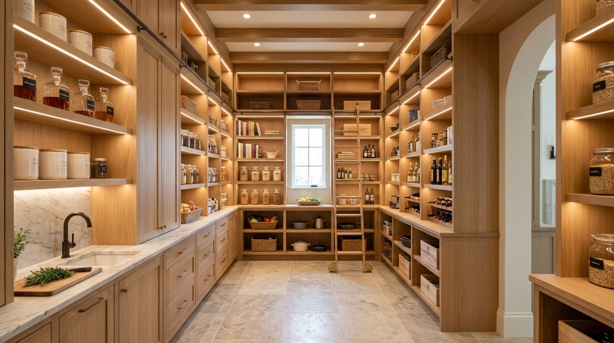 A full-height walk in pantry organization hack showing floor-to-ceiling white oak shelves and a rolling library ladder.