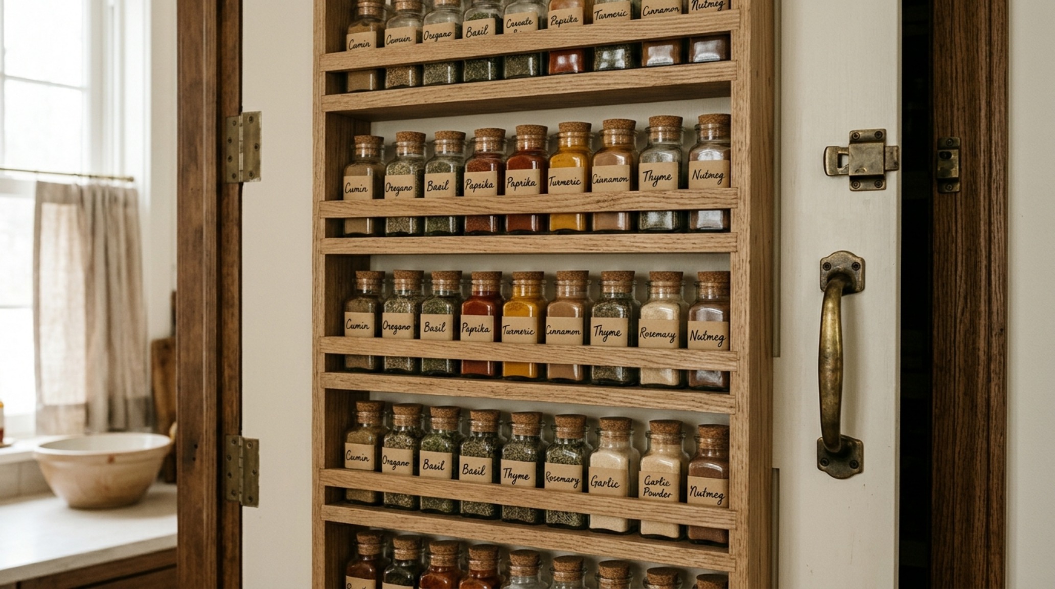 Detailed shot of a hidden kitchen pantry design with shallow door shelves holding artisanal oils and vinegars.