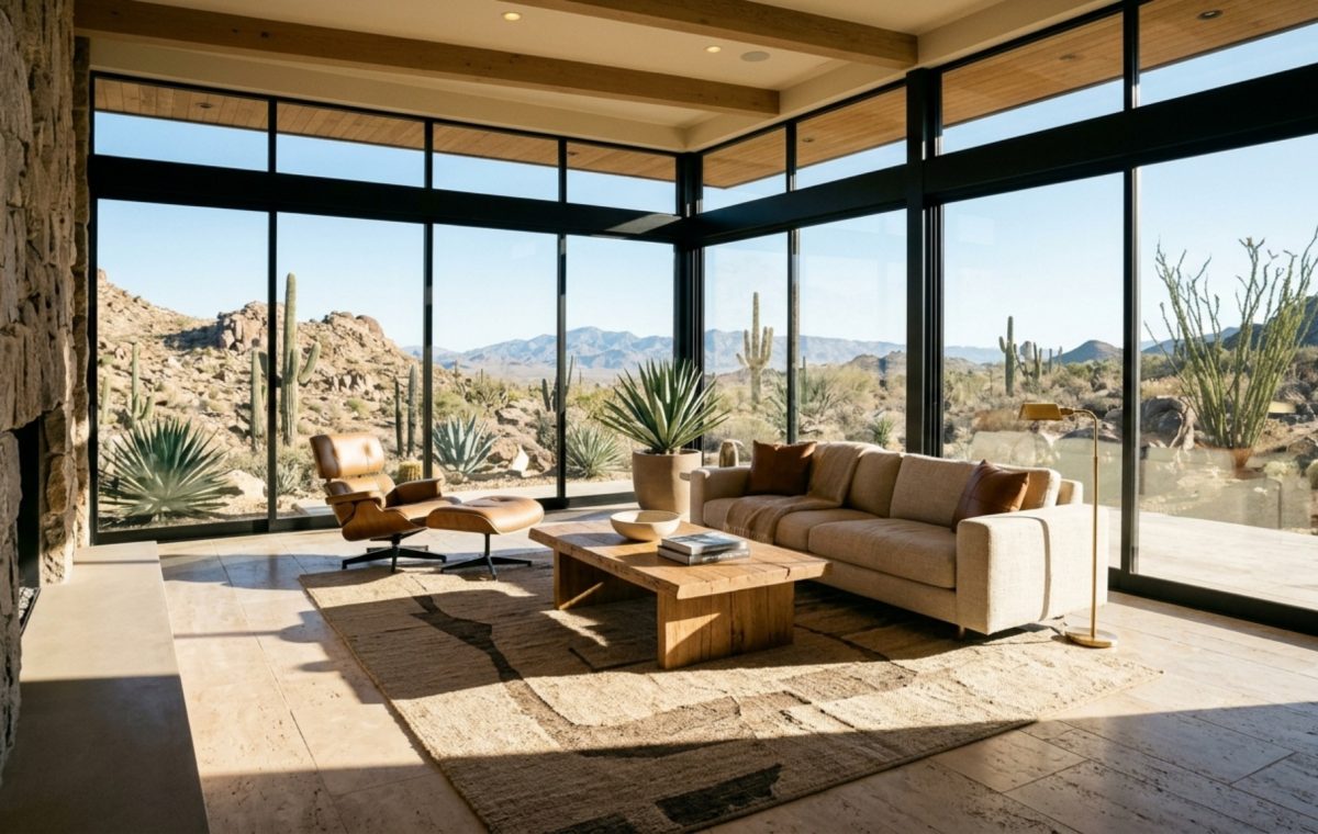 Passive solar heating for modern homes featured in a living room with floor-to-ceiling triple-pane glazing and honed travertine thermal mass flooring.