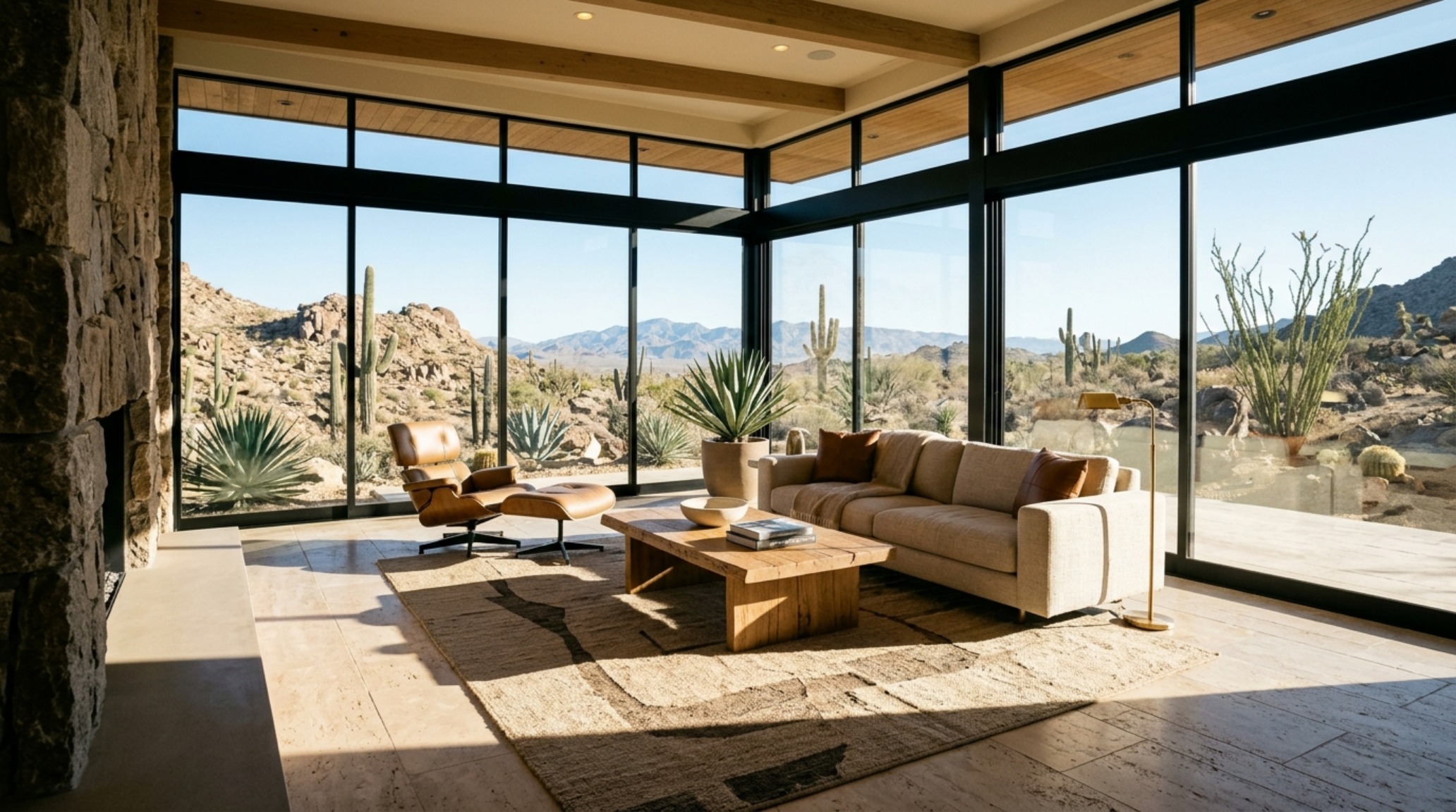 Passive solar heating for modern homes featured in a living room with floor-to-ceiling triple-pane glazing and honed travertine thermal mass flooring. Passive solar heating for modern homes featured in a living room with floor-to-ceiling triple-pane glazing and honed travertine thermal mass flooring.