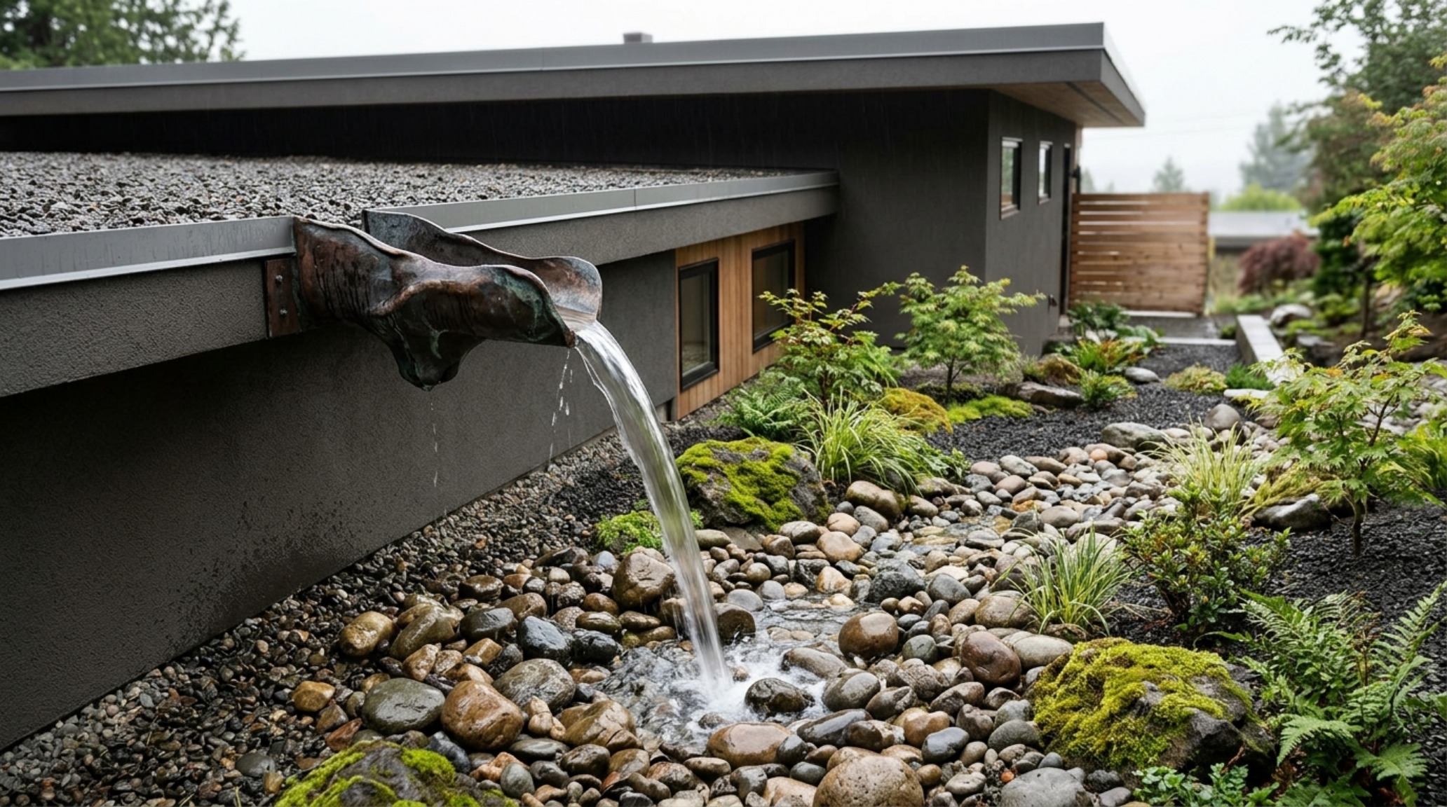 Residential rainwater harvesting systems showcasing a decorative copper scupper channeling rain into a subsurface biological filtration garden. Residential rainwater harvesting systems showcasing a decorative copper scupper channeling rain into a subsurface biological filtration garden.