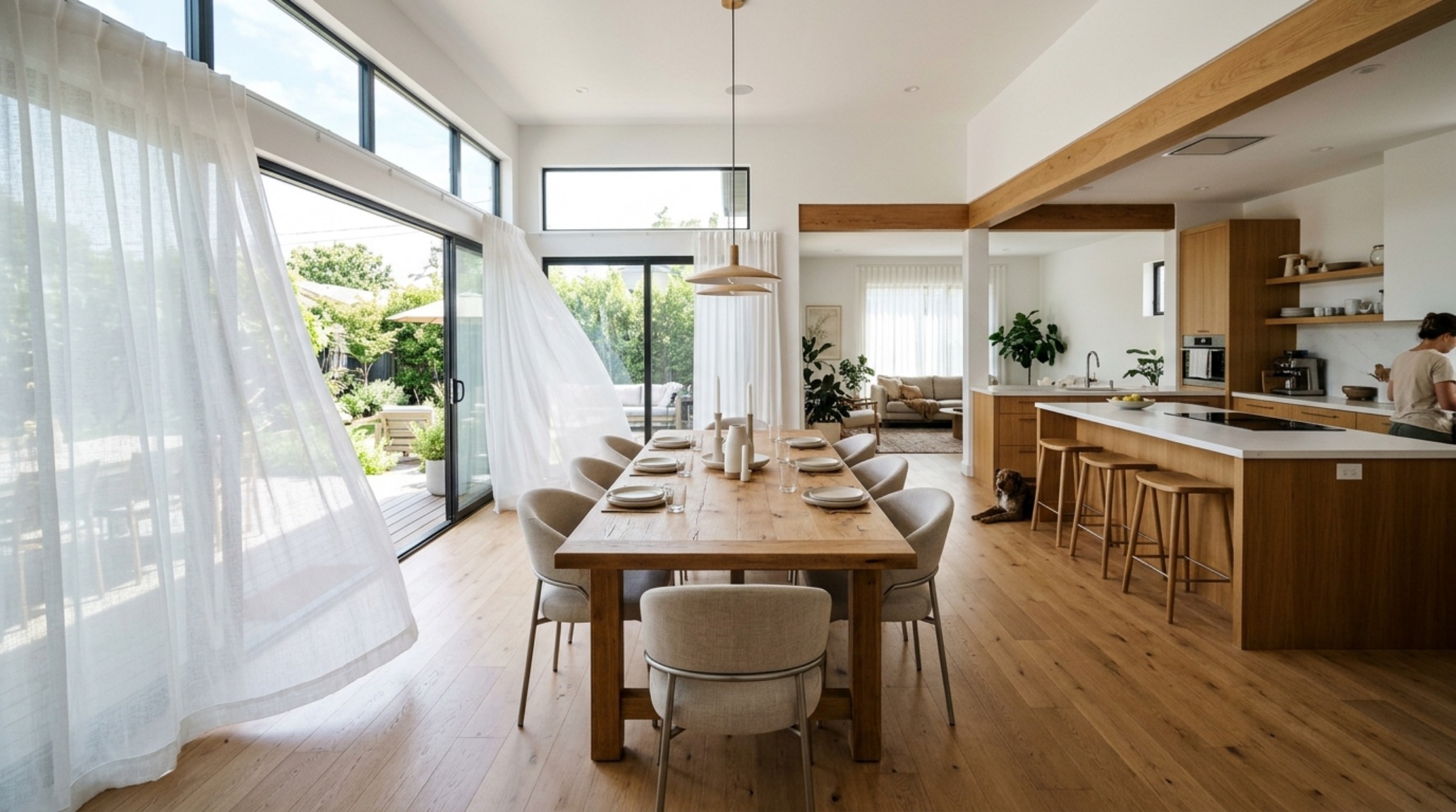 Autonomous living space planning in a dining area with 30-inch chair clearances and an open-plan flow for natural cross-ventilation. Autonomous living space planning in a dining area with 30-inch chair clearances and an open-plan flow for natural cross-ventilation.