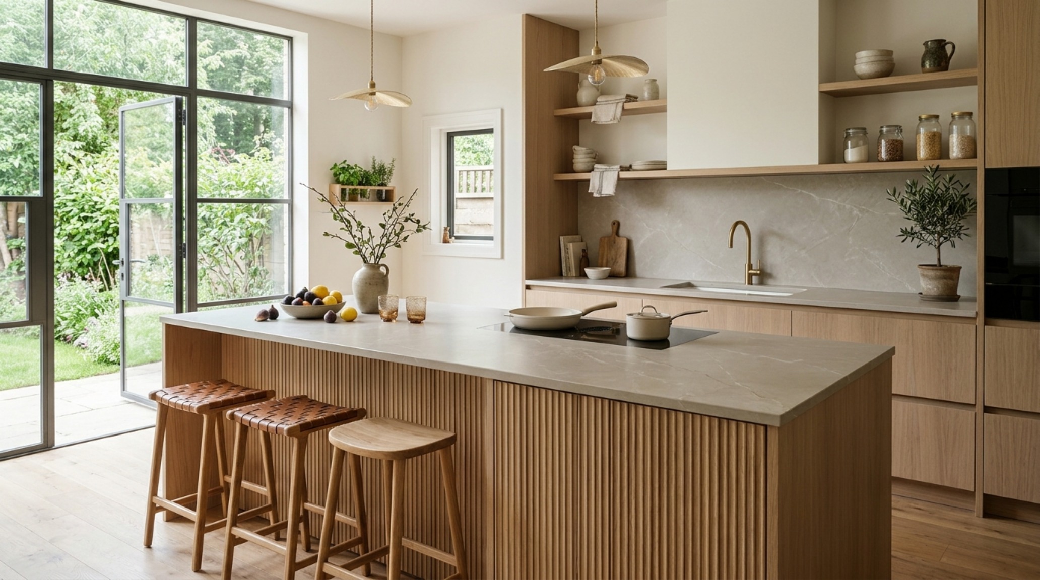 Net-zero luxury interior design showcasing a minimalist kitchen with fluted white oak cabinetry and integrated high-efficiency induction surfaces. Net-zero luxury interior design showcasing a minimalist kitchen with fluted white oak cabinetry and integrated high-efficiency induction surfaces.