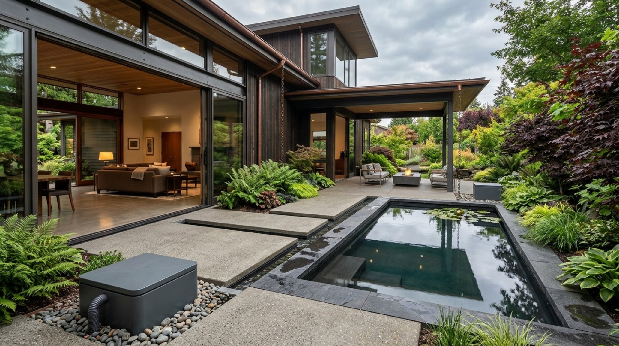 Residential rainwater harvesting systems integrated into a modern courtyard reflection pool with geometric concrete runnels and UV filtration cisterns. Residential rainwater harvesting systems integrated into a modern courtyard reflection pool with geometric concrete runnels and UV filtration cisterns.