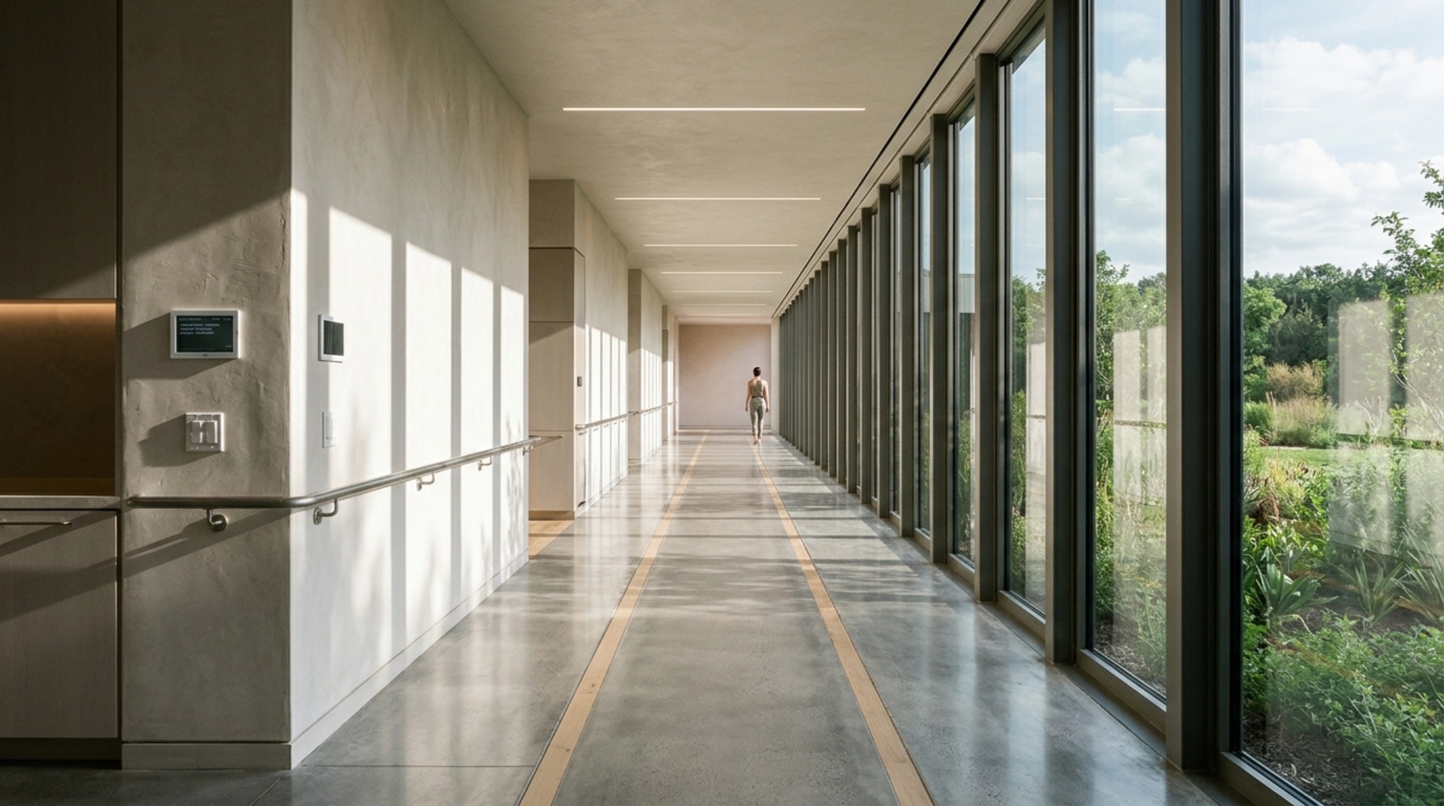 Autonomous living space planning illustrated by a 36-inch wide circulation hallway with rhythmic shadows from high clerestory windows. Autonomous living space planning illustrated by a 36-inch wide circulation hallway with rhythmic shadows from high clerestory windows.