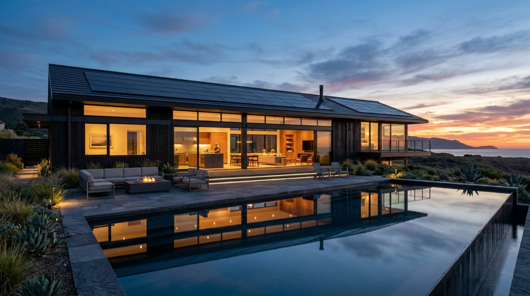 Off-grid architecture trends 2025 represented by an exterior dusk shot of a modernist estate with seamless solar roof tiles and glass facades. Off-grid architecture trends 2025 represented by an exterior dusk shot of a modernist estate with seamless solar roof tiles and glass facades.
