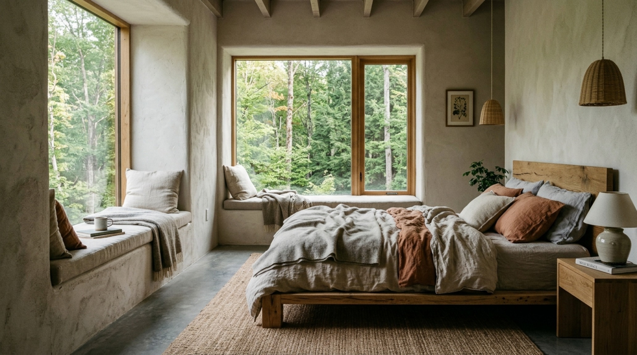 Net-zero luxury interior design bedroom featuring deep window reveals in Swiss Coffee plaster and 2700K warm ambient recessed lighting. Net-zero luxury interior design bedroom featuring deep window reveals in Swiss Coffee plaster and 2700K warm ambient recessed lighting.