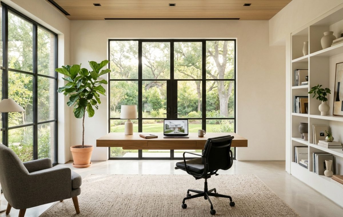 Professional home office layout featuring a floating executive desk in a sun-drenched room with 36-inch walkway clearances and a high-back ergonomic chair.
