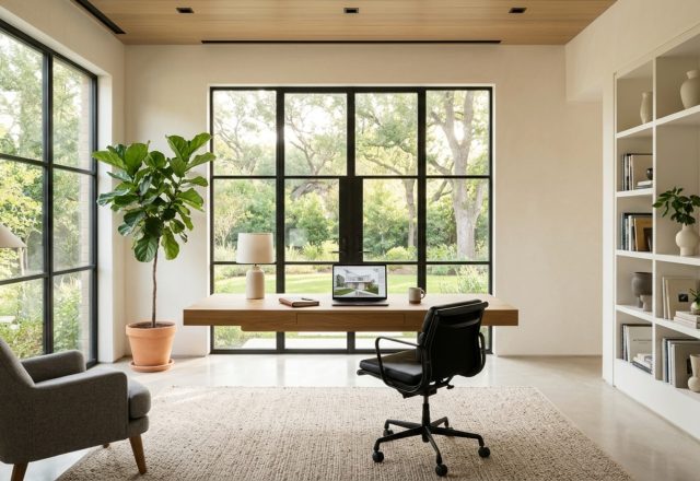 Professional home office layout featuring a floating executive desk in a sun-drenched room with 36-inch walkway clearances and a high-back ergonomic chair.