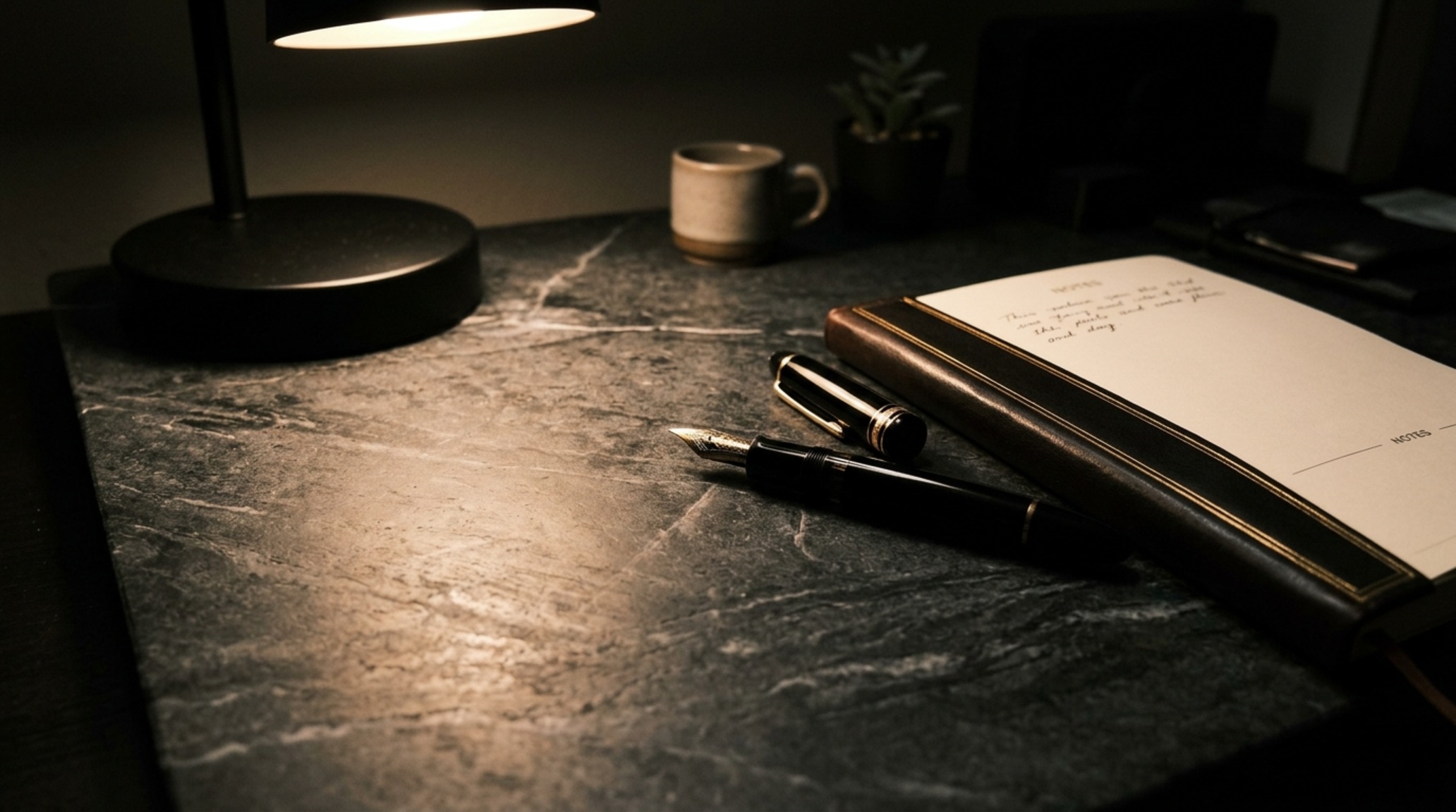 Aesthetic workspace lighting reflecting off a honed soapstone desk surface with 92+ CRI ratings for optimal visual clarity during digital work.