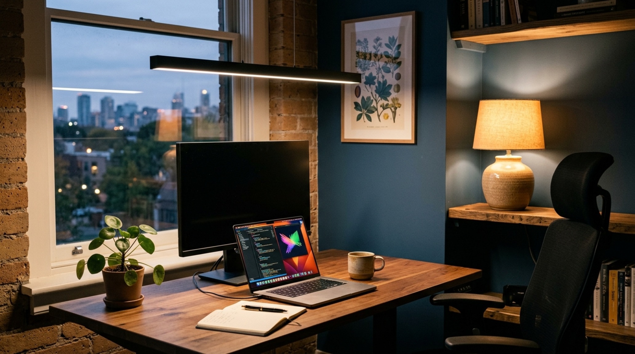 Aesthetic workspace lighting setup including a 3000K high-CRI linear task lamp and a warm 2700K ambient ceramic table lamp on a minimalist credenza.