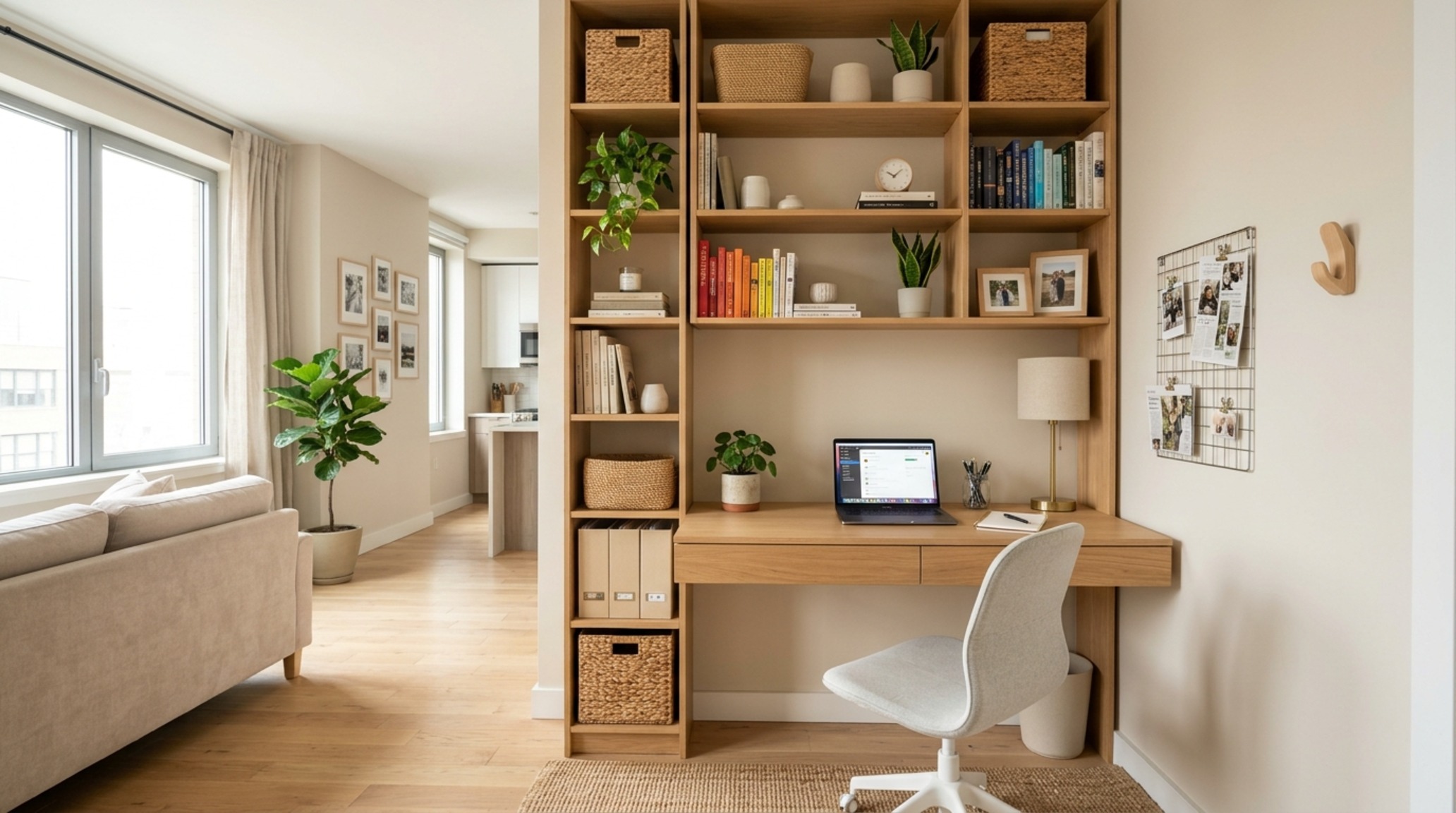 Small home office furniture sets utilizing vertical wall-mounted shelving and a compact floating desk to maximize high-density residential square footage.