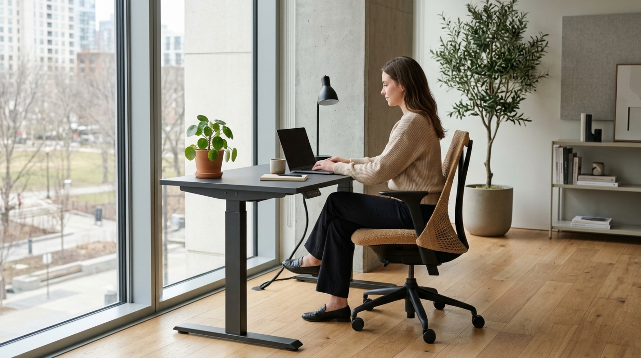 Modern workspace furniture trends featuring a height-adjustable desk with a soft-touch matte finish and an aniline leather ergonomic task chair.