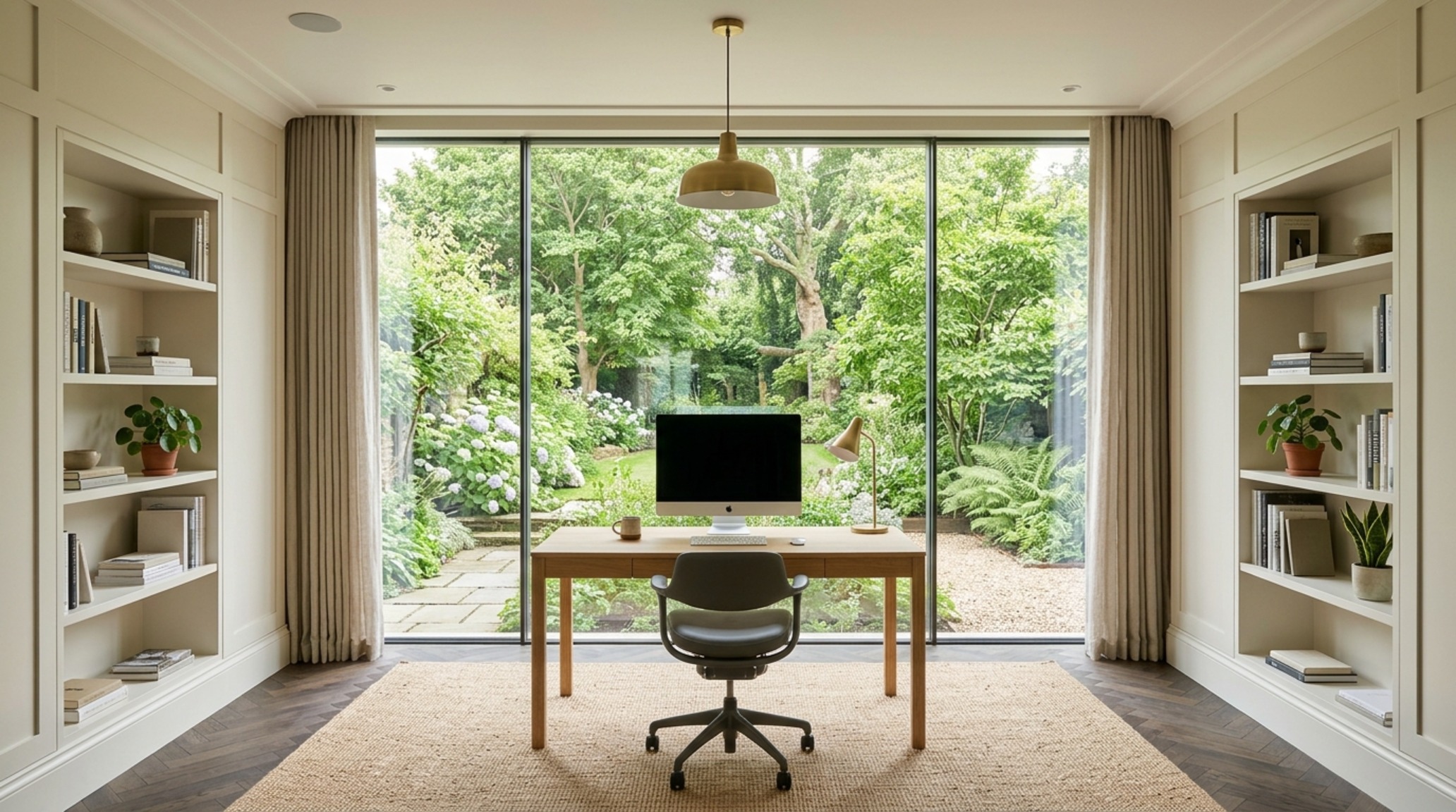 Professional home office layout centered around a large window to optimize natural light and provide sightline alignment for reduced eye strain.