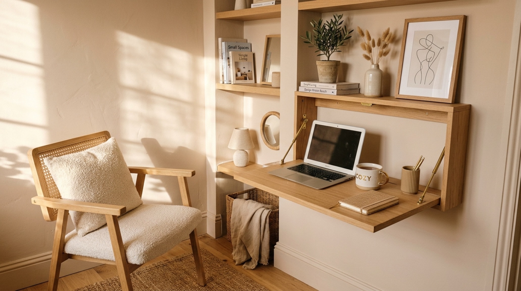 Small home office furniture sets in a monochrome Farrow & Ball Setting Plaster palette with a stowaway velvet stool and slimline desk.