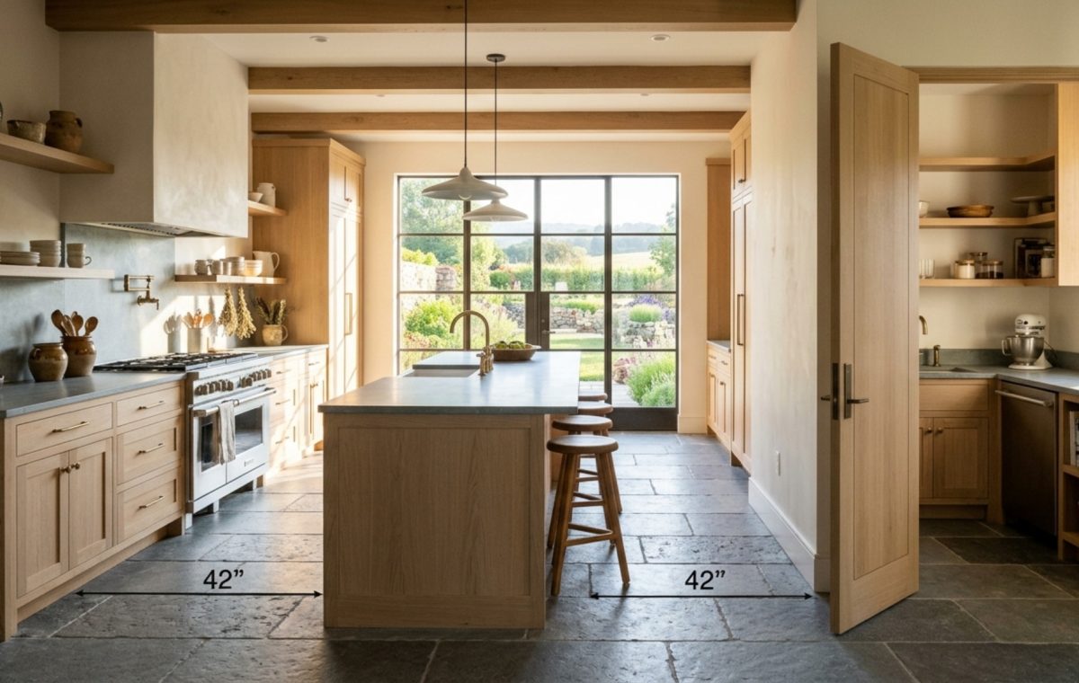 Modern country kitchen layouts featuring a hidden scullery transition with 42-inch walkways and white oak cabinetry.